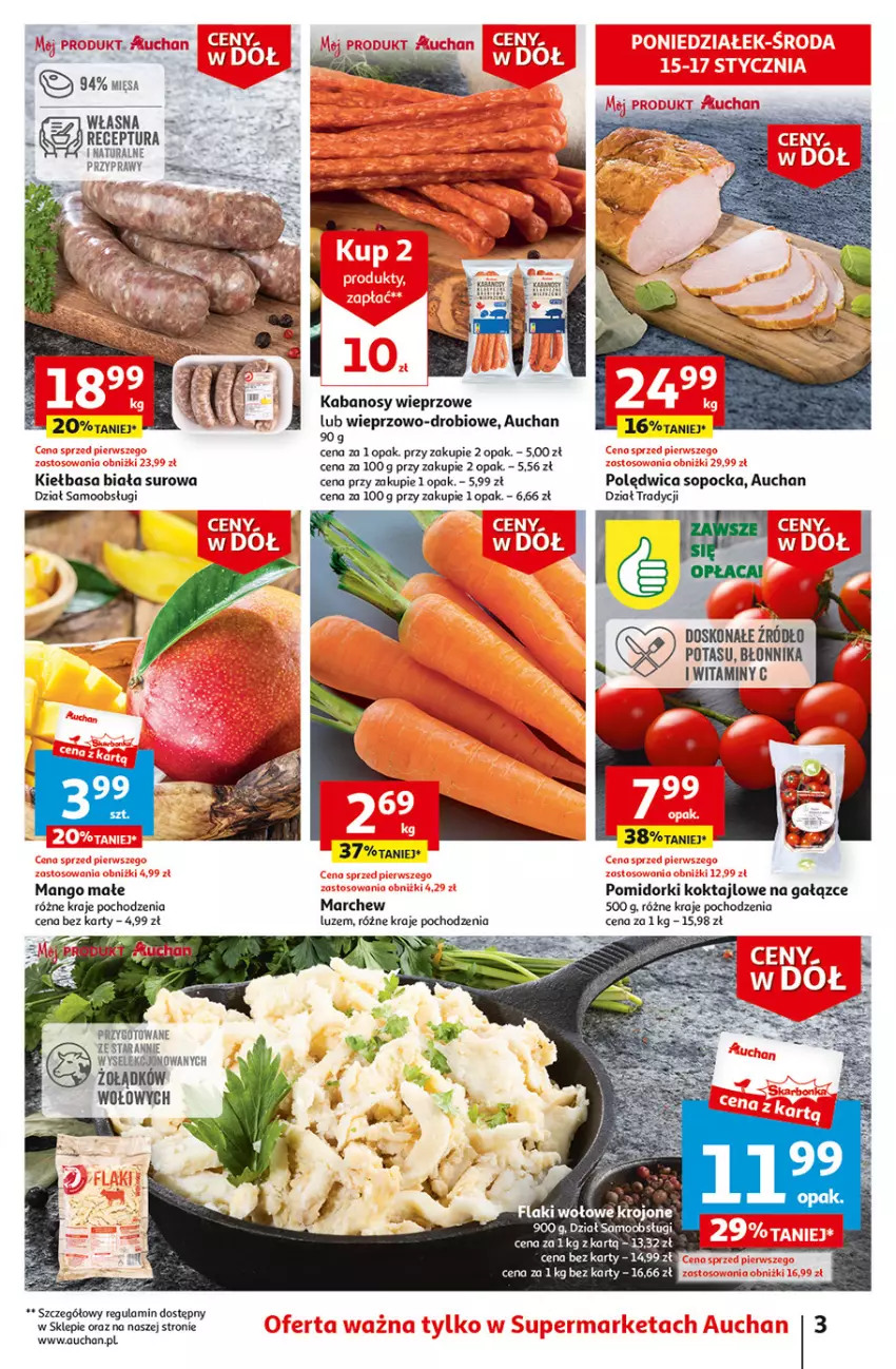 Gazetka promocyjna Auchan - Gazetka Ceny w dół Część 2 Supermarket Auchan - ważna 11.01 do 17.01.2024 - strona 3 - produkty: Flaki, Flaki wołowe, Kabanos, Kiełbasa, Kiełbasa biała, Mango, Polędwica, Pomidorki, Przyprawy