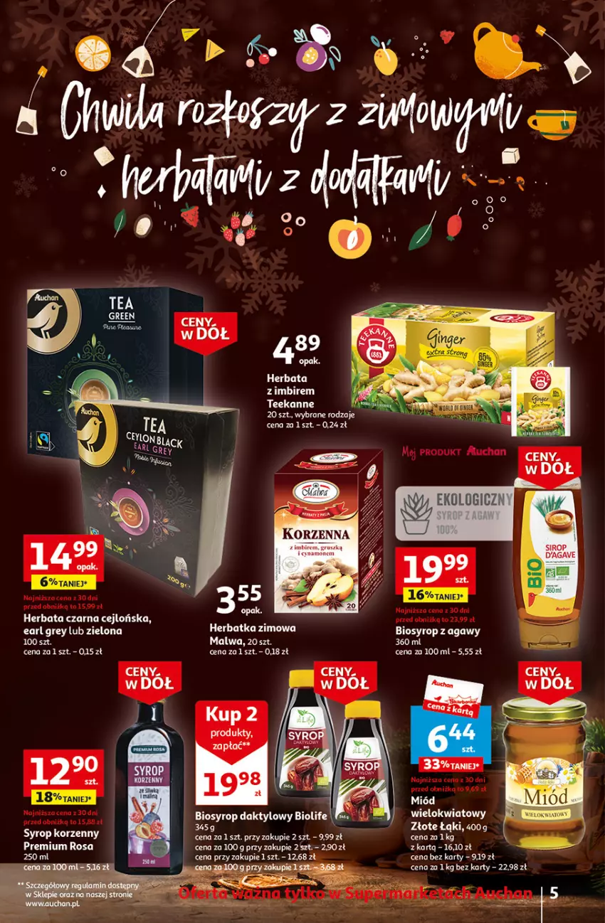 Gazetka promocyjna Auchan - Gazetka Ceny w dół Część 2 Supermarket Auchan - ważna 11.01 do 17.01.2024 - strona 5 - produkty: Earl Grey, Herbata, Herbata czarna, Imbir, LG, Miód, Syrop