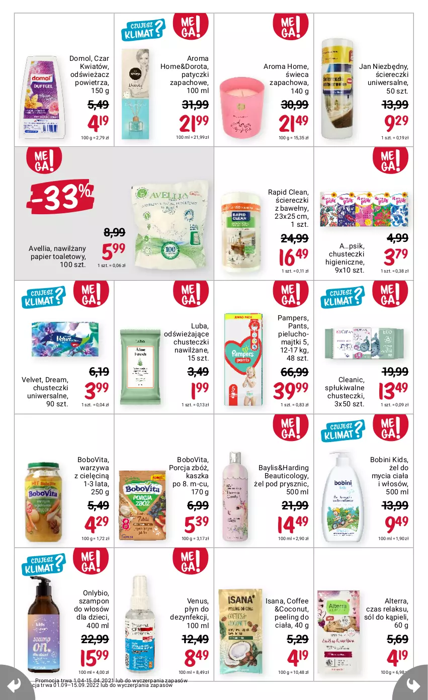 Gazetka promocyjna Rossmann - 1 września - ważna 01.09 do 15.09.2022 - strona 5 - produkty: Alterra, BoboVita, Chusteczki, Cleanic, Domol, Dzieci, Isana, Jan Niezbędny, Majtki, Nawilżany papier, Odświeżacz powietrza, Pampers, Papier, Papier toaletowy, Peeling, Pieluchomajtki, Por, Sól, Sól do kąpieli, Szampon, Velvet, Venus, Warzywa