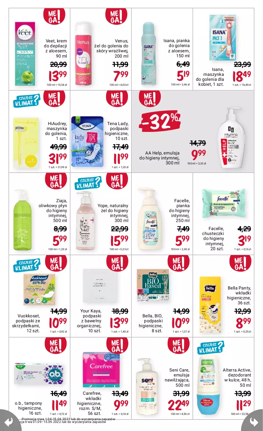 Gazetka promocyjna Rossmann - 1 września - ważna 01.09 do 15.09.2022 - strona 7 - produkty: Alterra, Bell, Bella, Carefree, Chusteczki, Chusteczki do higieny, Dezodorant, Emulsja, Fa, Facelle, Isana, Krem do depilacji, Maszynka, Maszynka do golenia, O.B., Pianka do golenia, Płyn do higieny intymnej, Podpaski, Podpaski ze skrzydełkami, Szynka, Tampony, Veet, Venus, Wkładki, Yope, Ziaja