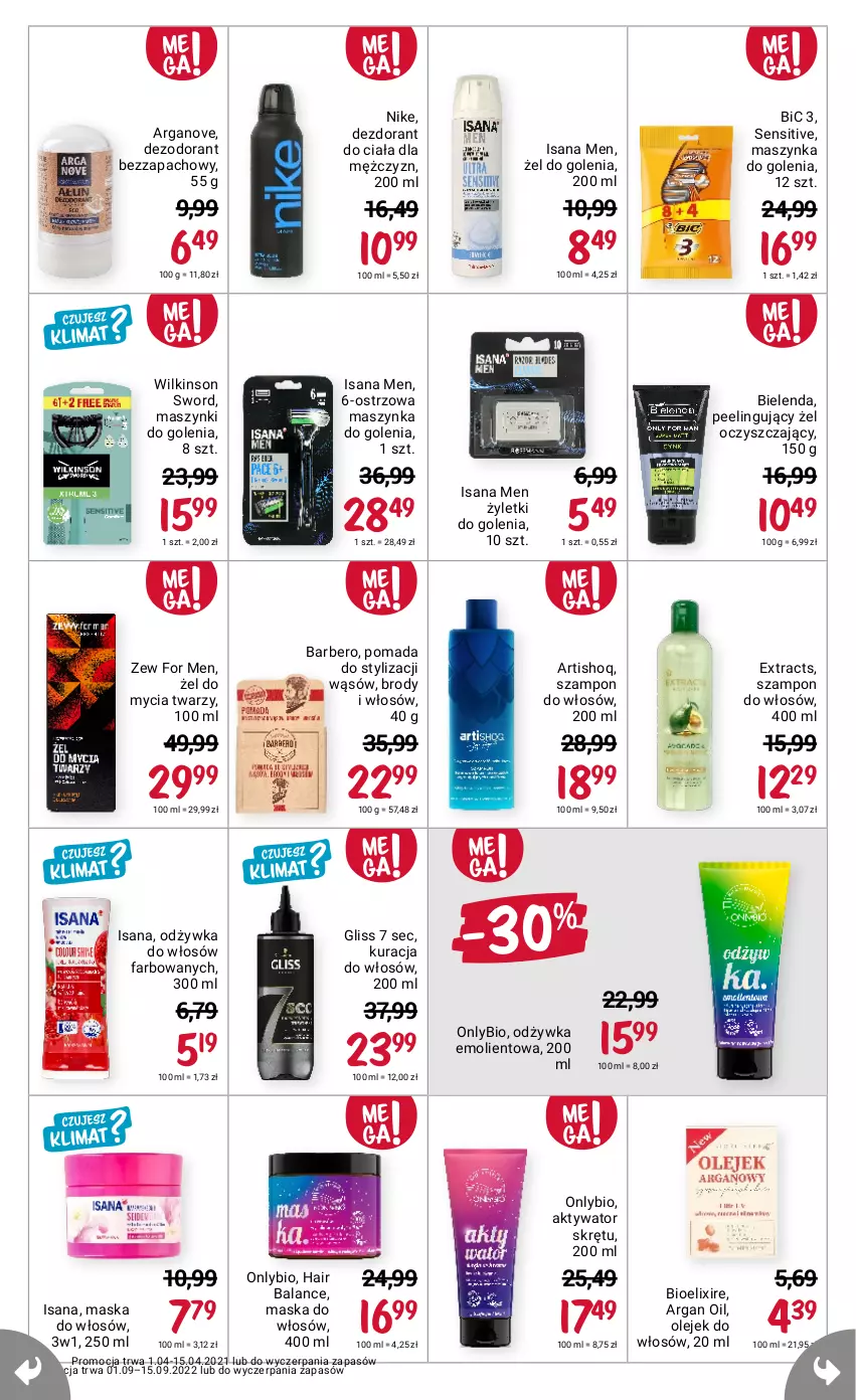 Gazetka promocyjna Rossmann - 1 września - ważna 01.09 do 15.09.2022 - strona 8 - produkty: BIC, Bielenda, Dezodorant, Fa, Isana, Maska, Maska do włosów, Maszynka, Maszynka do golenia, Nike, Odżywka, Olej, Peeling, Pomada, Szampon, Szynka, Wilkinson Sword