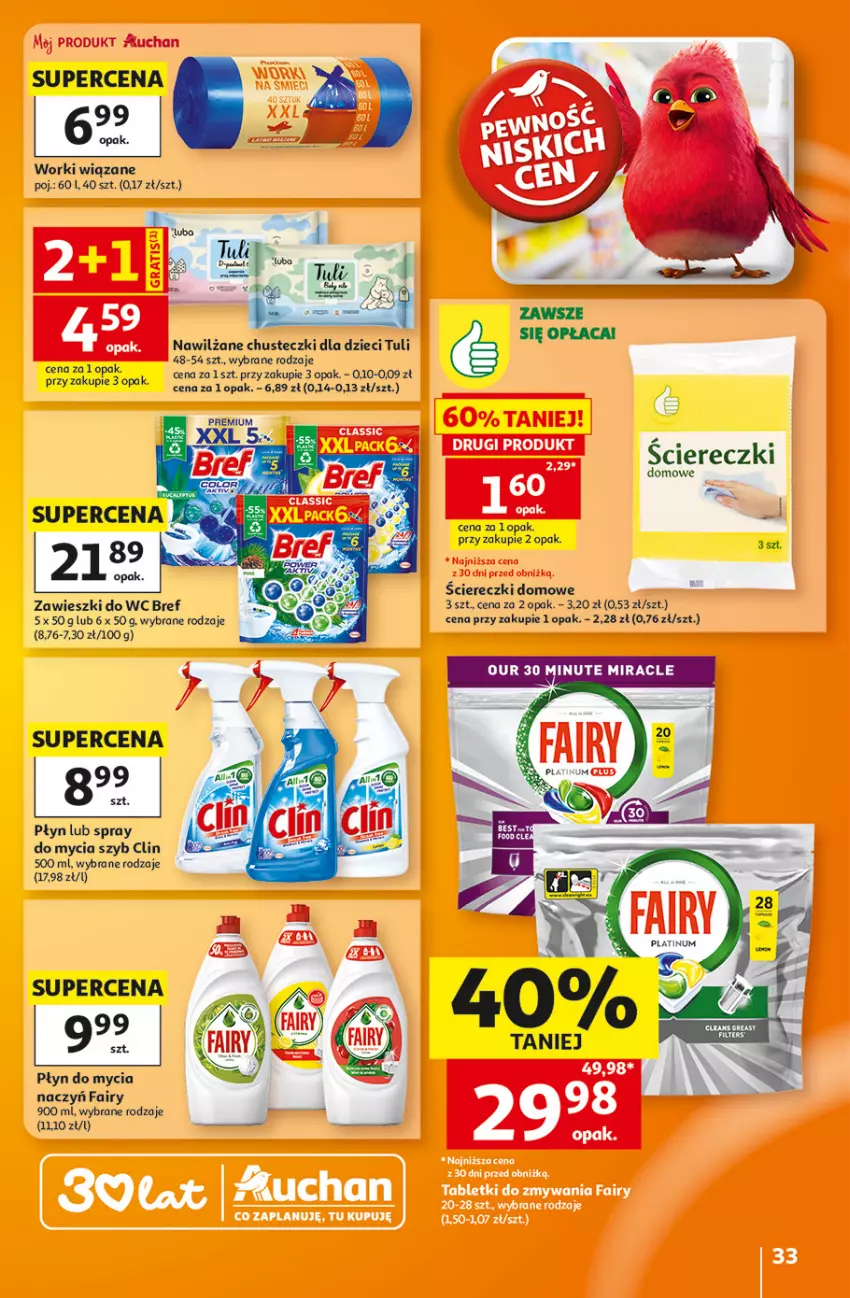 Gazetka promocyjna Auchan - Gazetka 30 Lat Hipermarket Auchan - ważna 06.08 do 12.08.2026 - strona 33 - produkty: Bref, Chusteczki, Clin, Do mycia naczyń, Dzieci, Fa, Fairy, Płyn do mycia, Płyn do mycia naczyń, Zawieszki