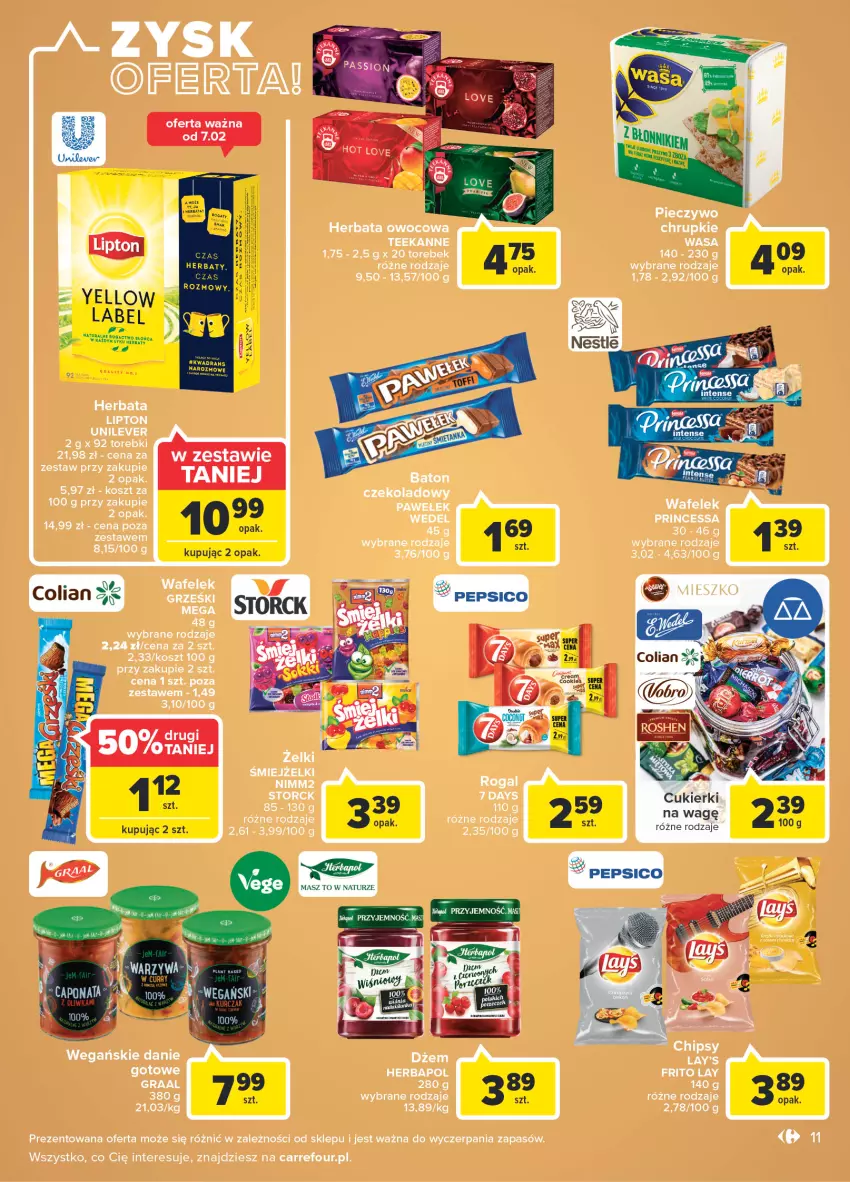 Gazetka promocyjna Carrefour - Gazetka Market Zyskoteka - ważna 08.02 do 14.02.2022 - strona 11 - produkty: 7 Days, Baton, Chrupki, Danie gotowe, Gra, Graal, Grześki, Herbapol, Herbata, Herbata owocowa, Kosz, Nimm2, Piec, Pieczywo, Princessa, Teekanne, Wafelek, Wasa