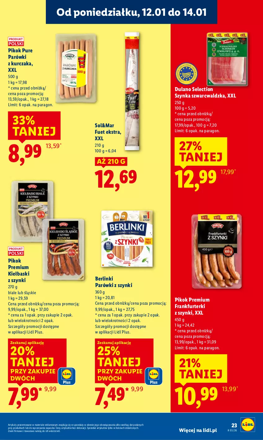 Gazetka promocyjna Lidl - GAZETKA - ważna 12.01 do 14.01.2026 - strona 23 - produkty: Berlinki, Dulano, Frankfurterki, Kurczak, Parówki, Parówki z szynki, PIKOK, Pur, Szynka