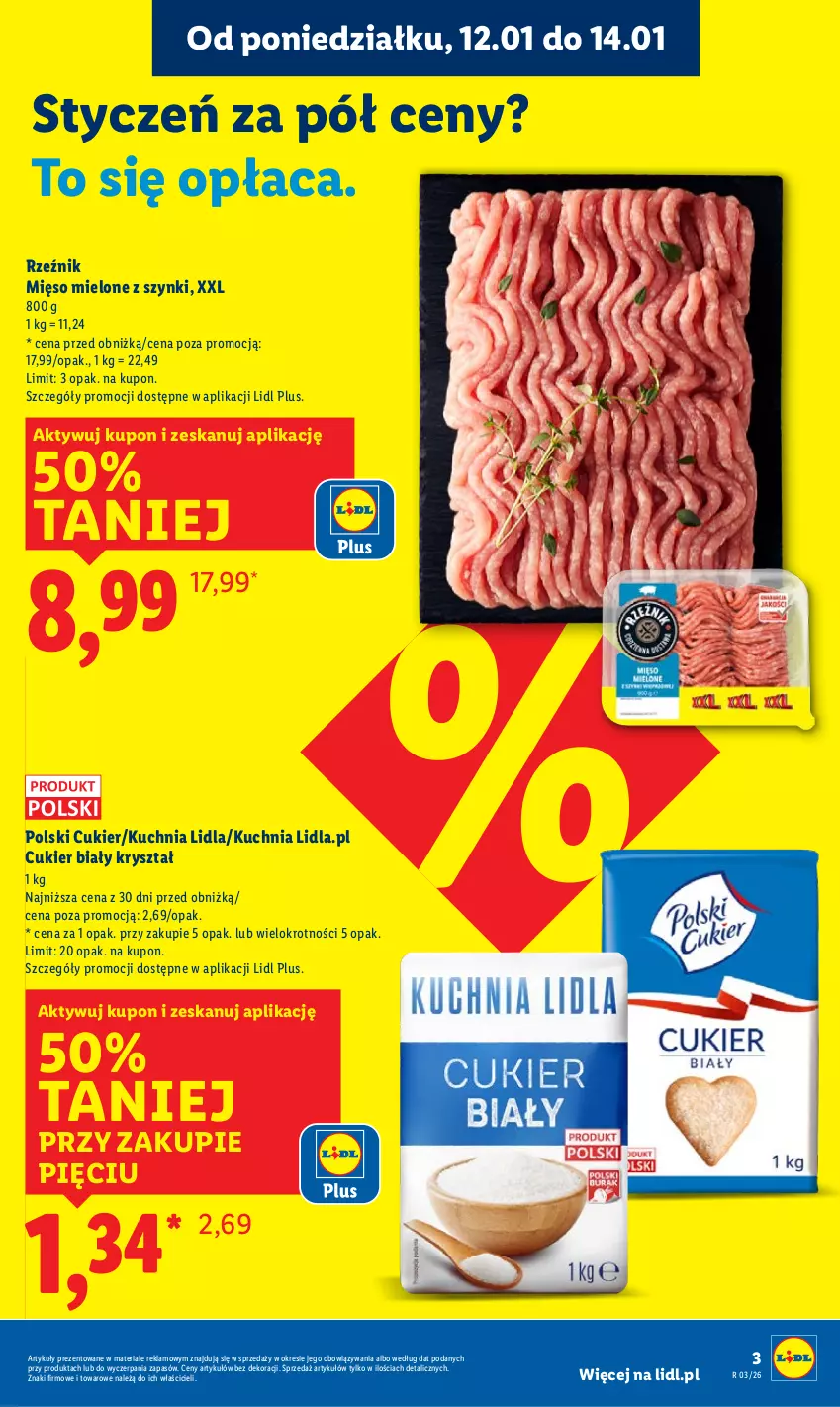 Gazetka promocyjna Lidl - GAZETKA - ważna 12.01 do 14.01.2026 - strona 3 - produkty: Cukier, Kuchnia, Mięso, Mięso mielone, Mięso mielone z szynki
