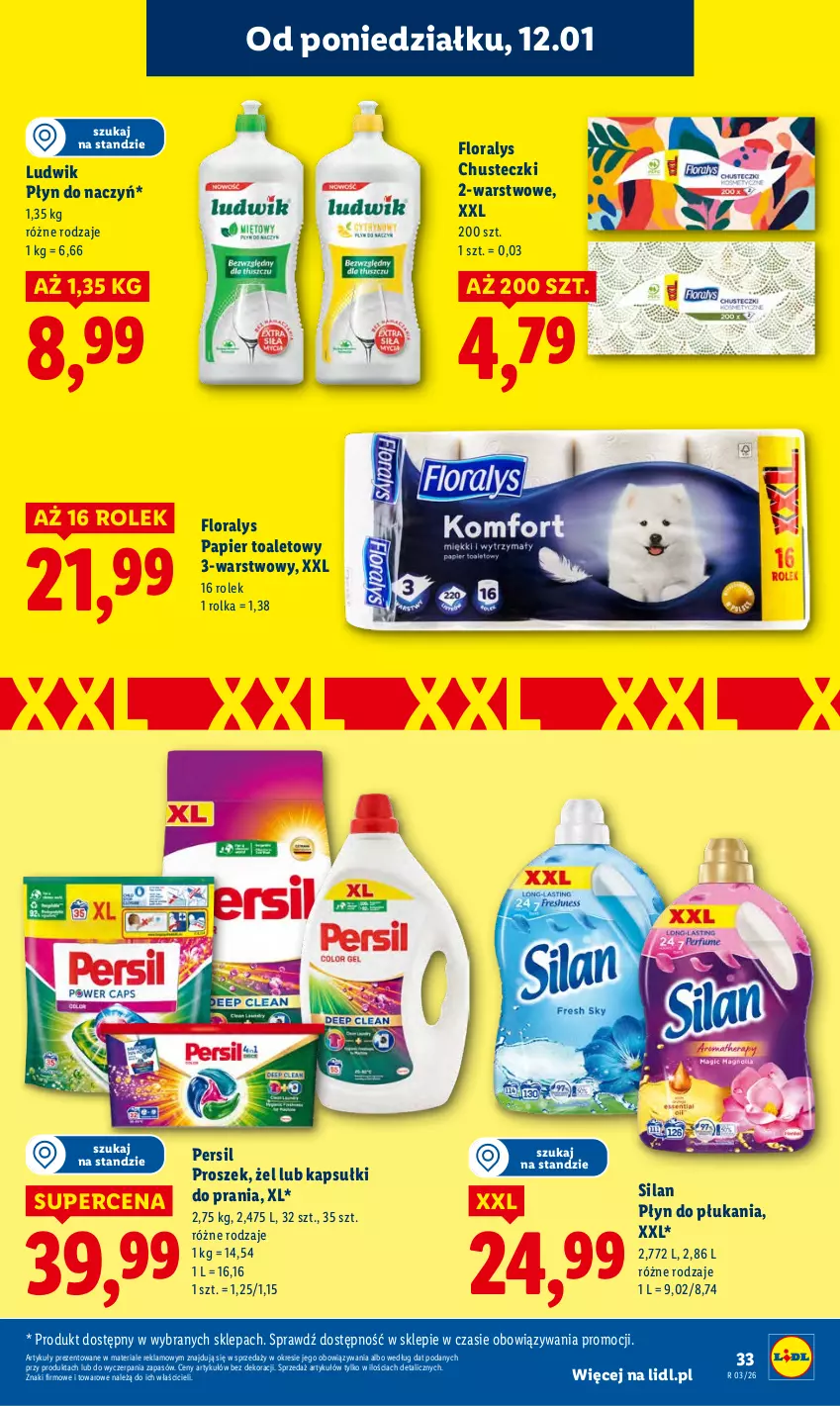 Gazetka promocyjna Lidl - GAZETKA - ważna 12.01 do 14.01.2026 - strona 33 - produkty: Chusteczki, Flora, Kapsułki do prania, Ludwik, Papier, Papier toaletowy, Persil, Płyn do płukania, Silan