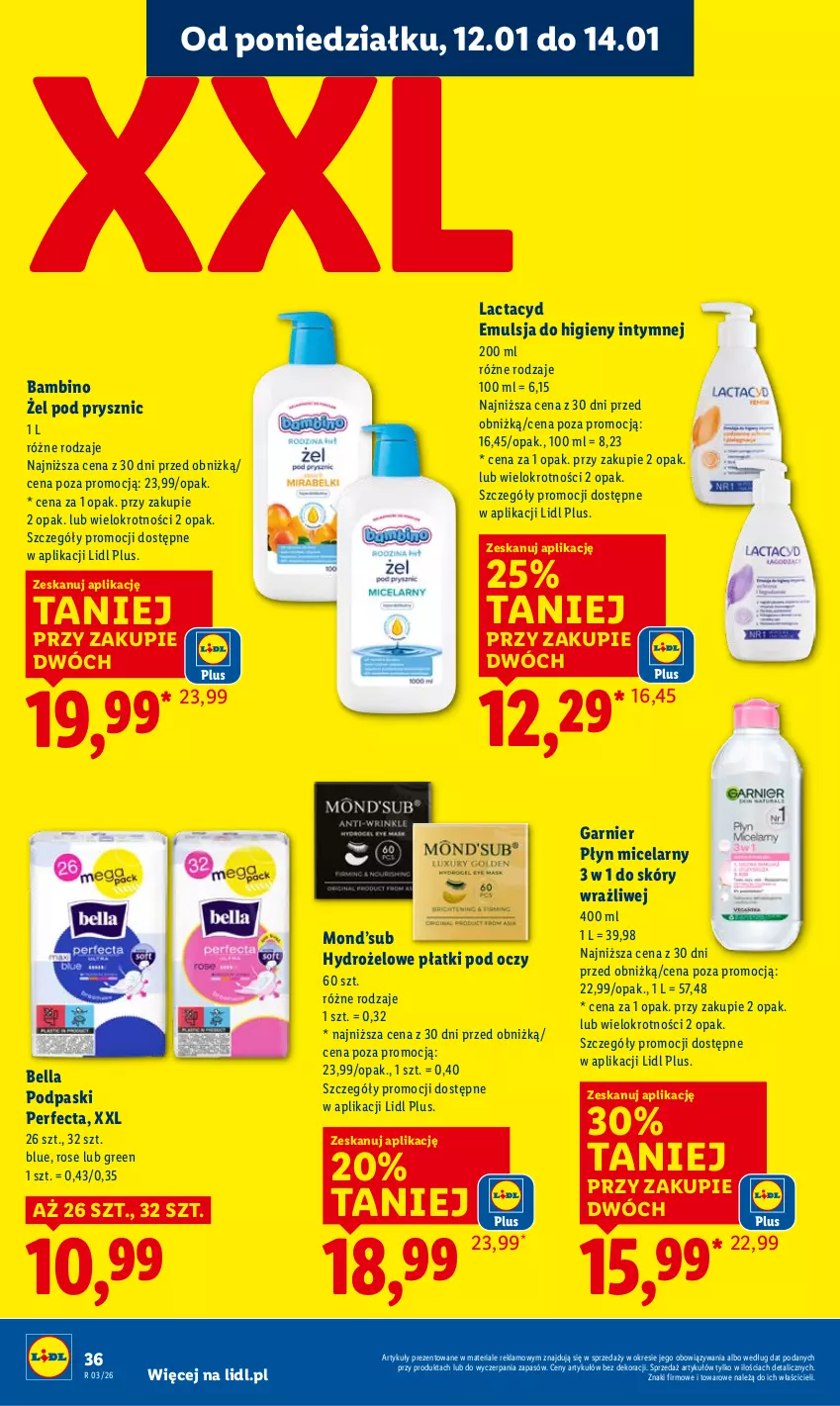 Gazetka promocyjna Lidl - GAZETKA - ważna 12.01 do 14.01.2026 - strona 36 - produkty: Bell, Bella, Emulsja, Garnier, Hydrożelowe płatki pod oczy, Lactacyd, Perfecta, Płyn micelarny, Podpaski