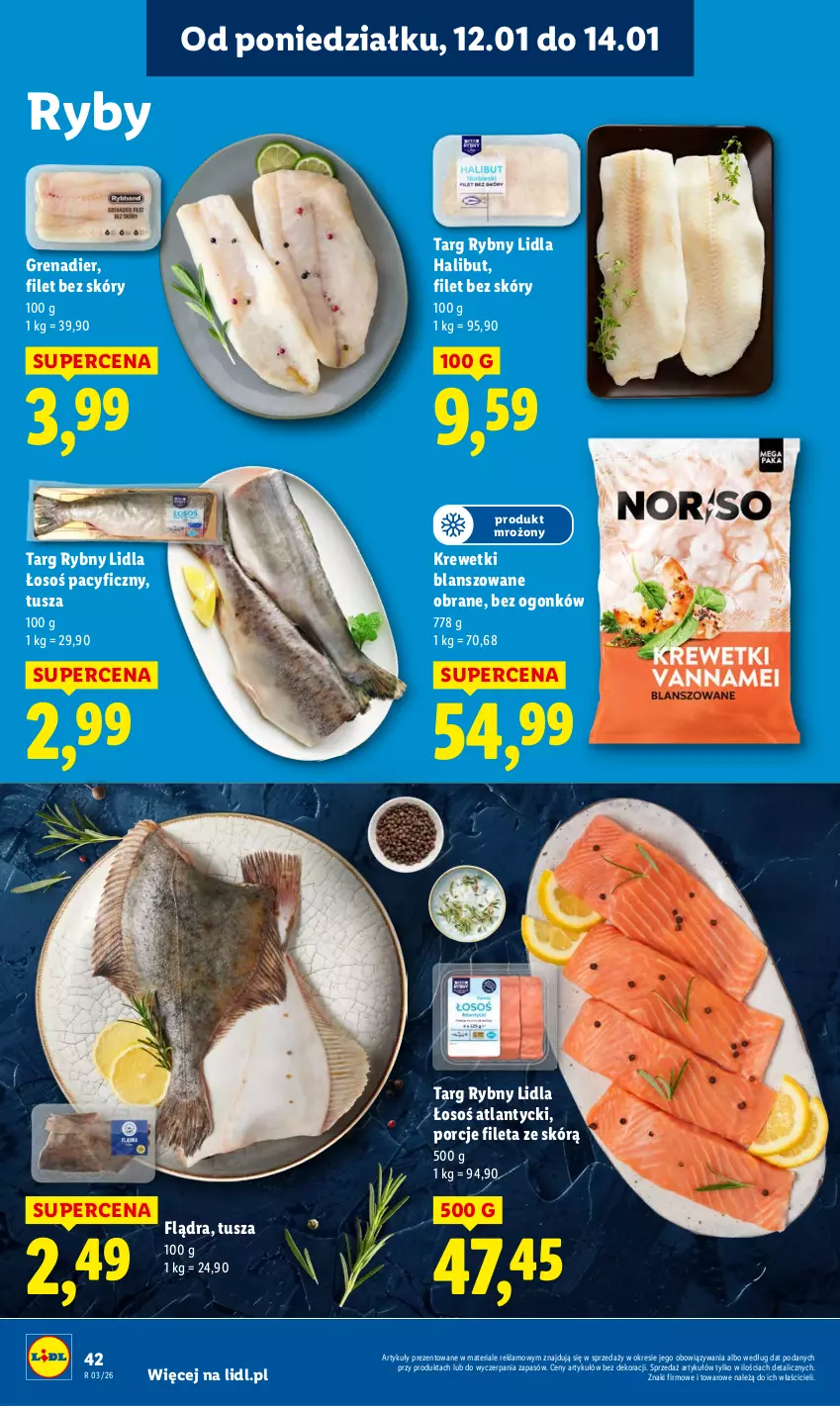 Gazetka promocyjna Lidl - GAZETKA - ważna 12.01 do 14.01.2026 - strona 42 - produkty: Grenadier, Halibut, Krewetki, Por, Tusz