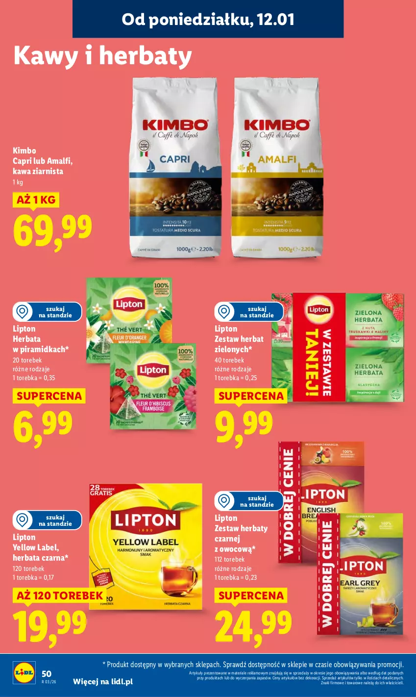 Gazetka promocyjna Lidl - GAZETKA - ważna 12.01 do 14.01.2026 - strona 50 - produkty: Herbata, Herbata czarna, Kawa, Kawa ziarnista, Lipton, Torebka