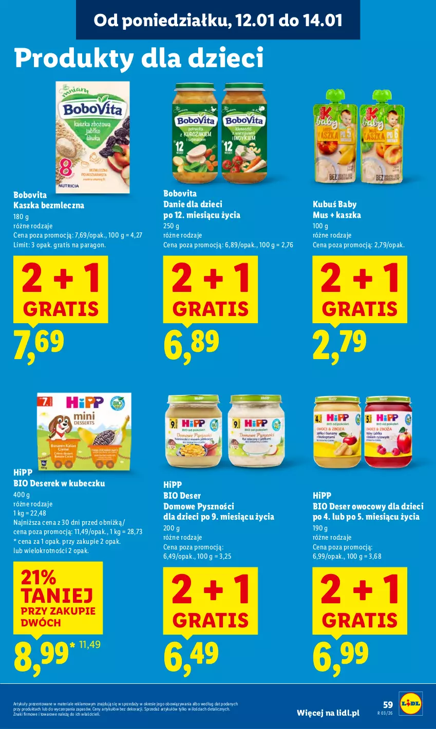 Gazetka promocyjna Lidl - GAZETKA - ważna 12.01 do 14.01.2026 - strona 59 - produkty: BoboVita, Danie dla dzieci, Deser, Deser owocowy, Dzieci, Gra, HiPP, Hipp Bio, Kubuś, Mus, Ser, Serek