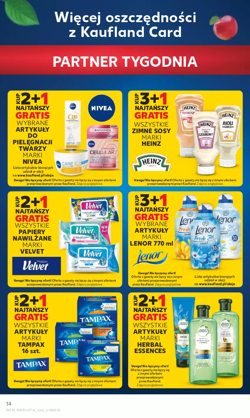 Gazetka promocyjna Kaufland - Gazetka tygodnia - ważna 03.08 do 09.08.2023 - strona 14 - produkty: Gra, Heinz, Lenor, Nivea, Papier, Pax, Sos, Tampax, Velvet, Waga