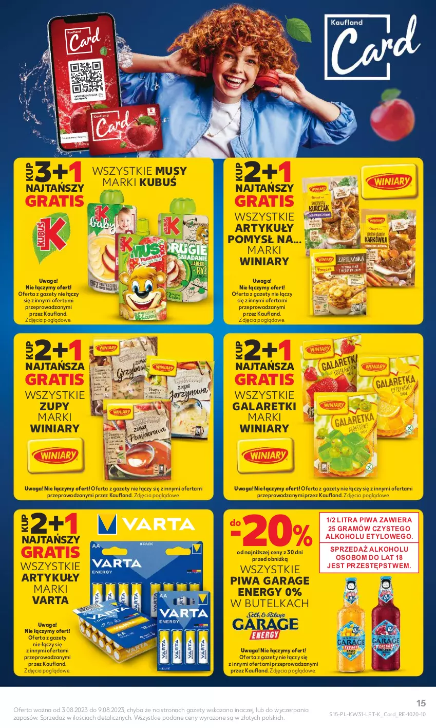 Gazetka promocyjna Kaufland - Gazetka tygodnia - ważna 03.08 do 09.08.2023 - strona 15 - produkty: Gala, Galaretki, Gra, Kubuś, Mus, Piwa, Varta, Waga, Winiary