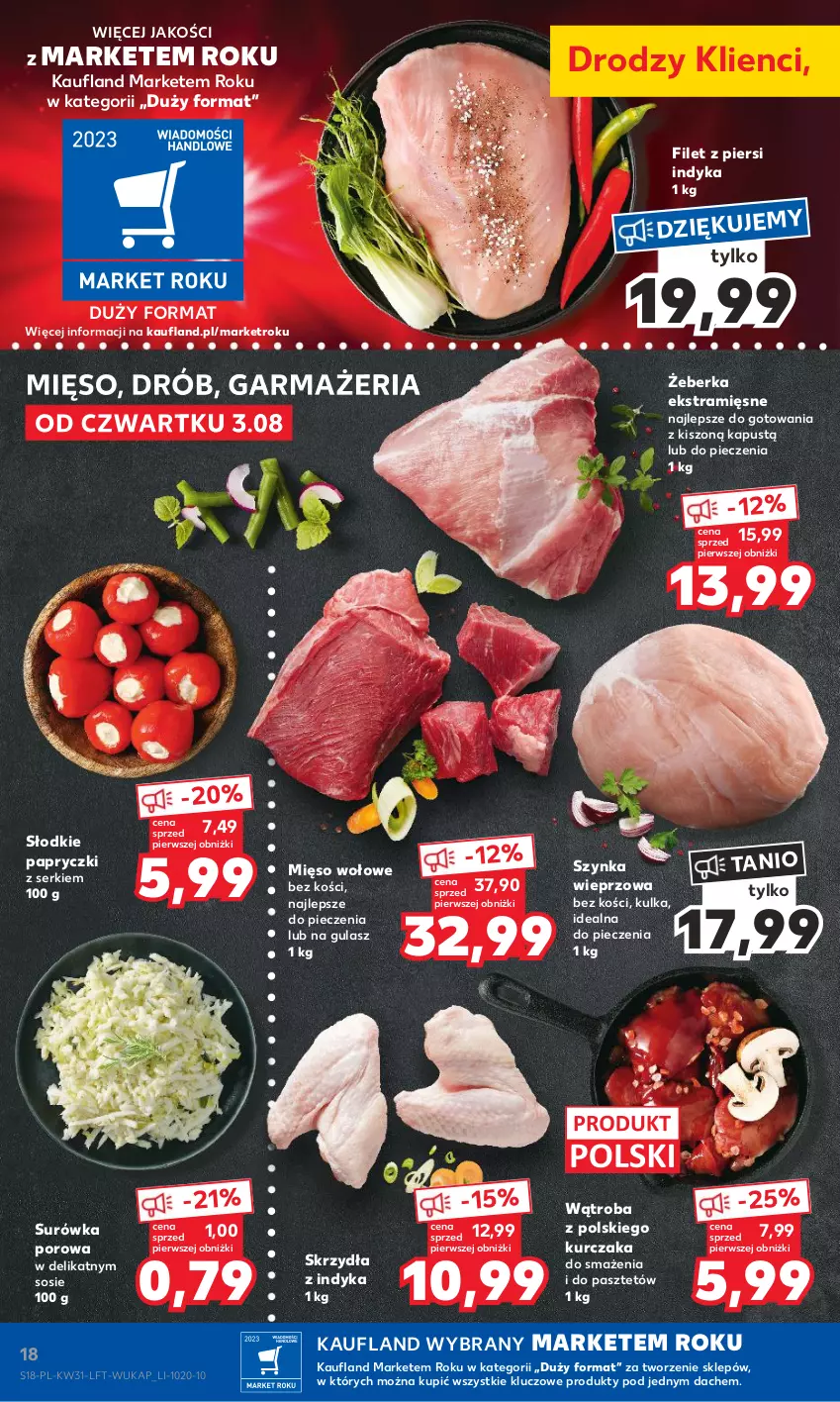 Gazetka promocyjna Kaufland - Gazetka tygodnia - ważna 03.08 do 09.08.2023 - strona 18 - produkty: Drób, Filet z piersi indyka, Kapustą, Kurczak, Mięso, Mięso wołowe, Pasztet, Piec, Por, Ser, Sos, Surówka, Szynka, Szynka wieprzowa