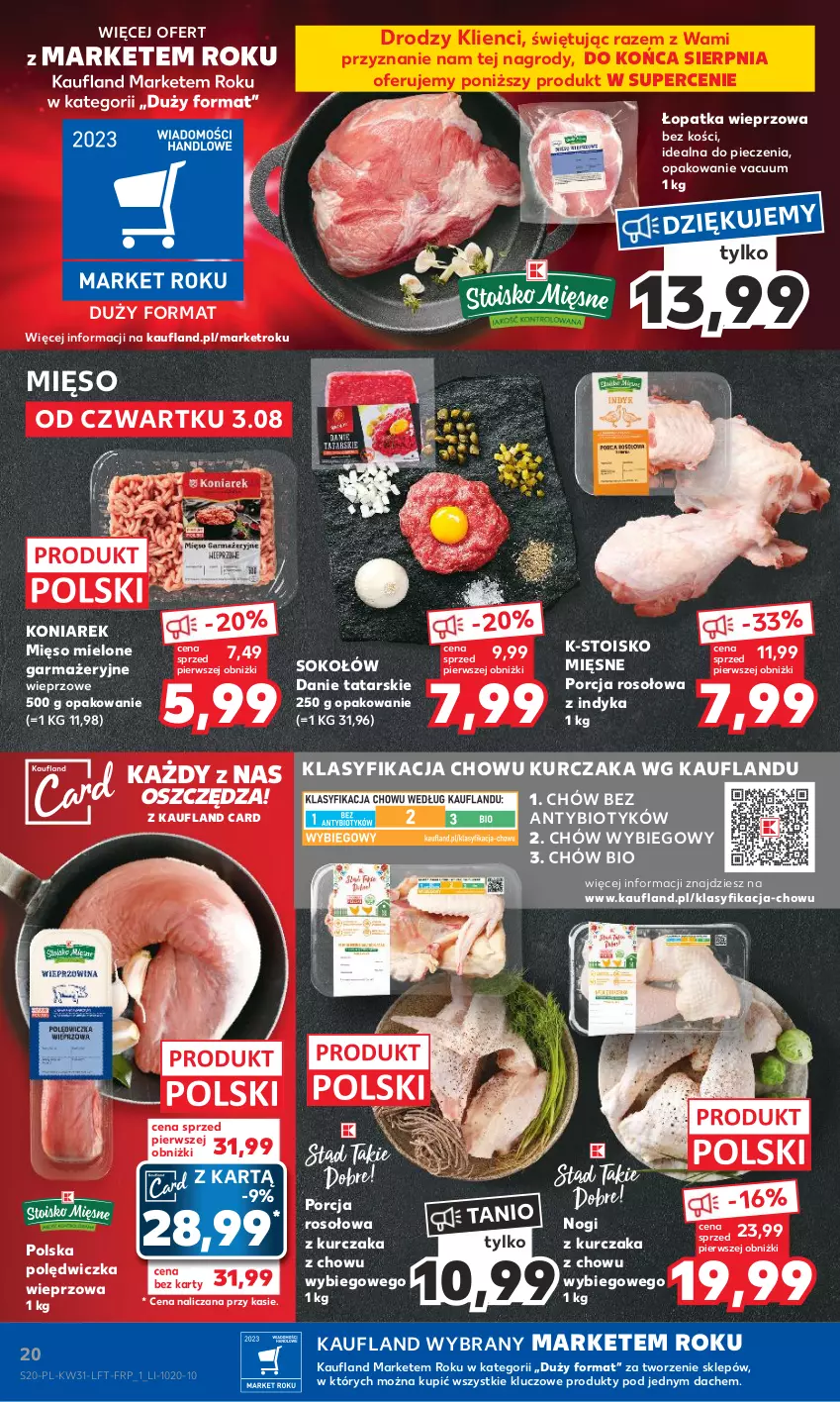 Gazetka promocyjna Kaufland - Gazetka tygodnia - ważna 03.08 do 09.08.2023 - strona 20 - produkty: Kurczak, Mięso, Mięso mielone, Piec, Polędwiczka wieprzowa, Por, Sok, Sokołów