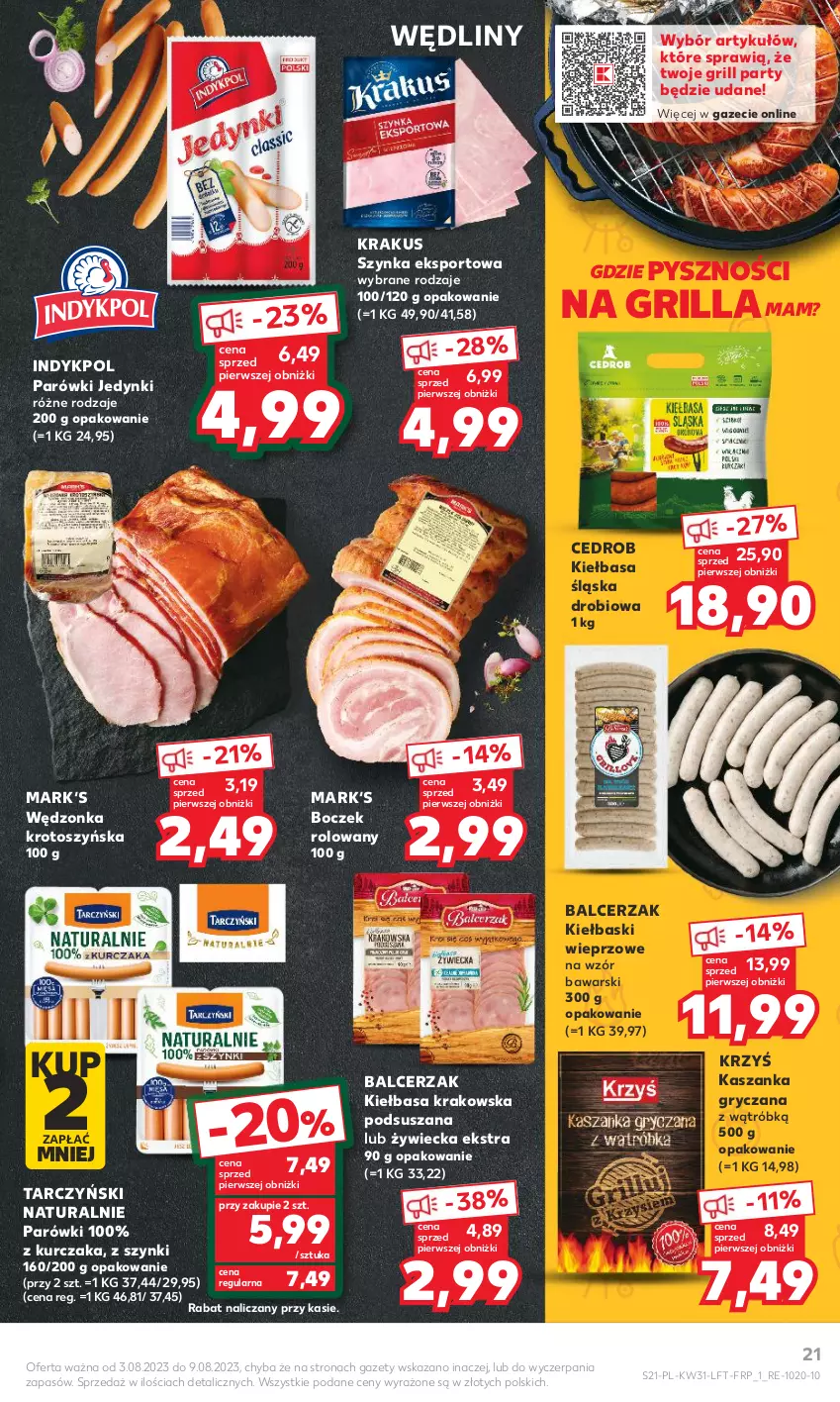 Gazetka promocyjna Kaufland - Gazetka tygodnia - ważna 03.08 do 09.08.2023 - strona 21 - produkty: Boczek, Grill, Gry, Kasza, Kaszanka, Kiełbasa, Kiełbasa krakowska, Kiełbasa śląska, Krakus, Kurczak, Parówki, Por, Sport, Szynka, Tarczyński