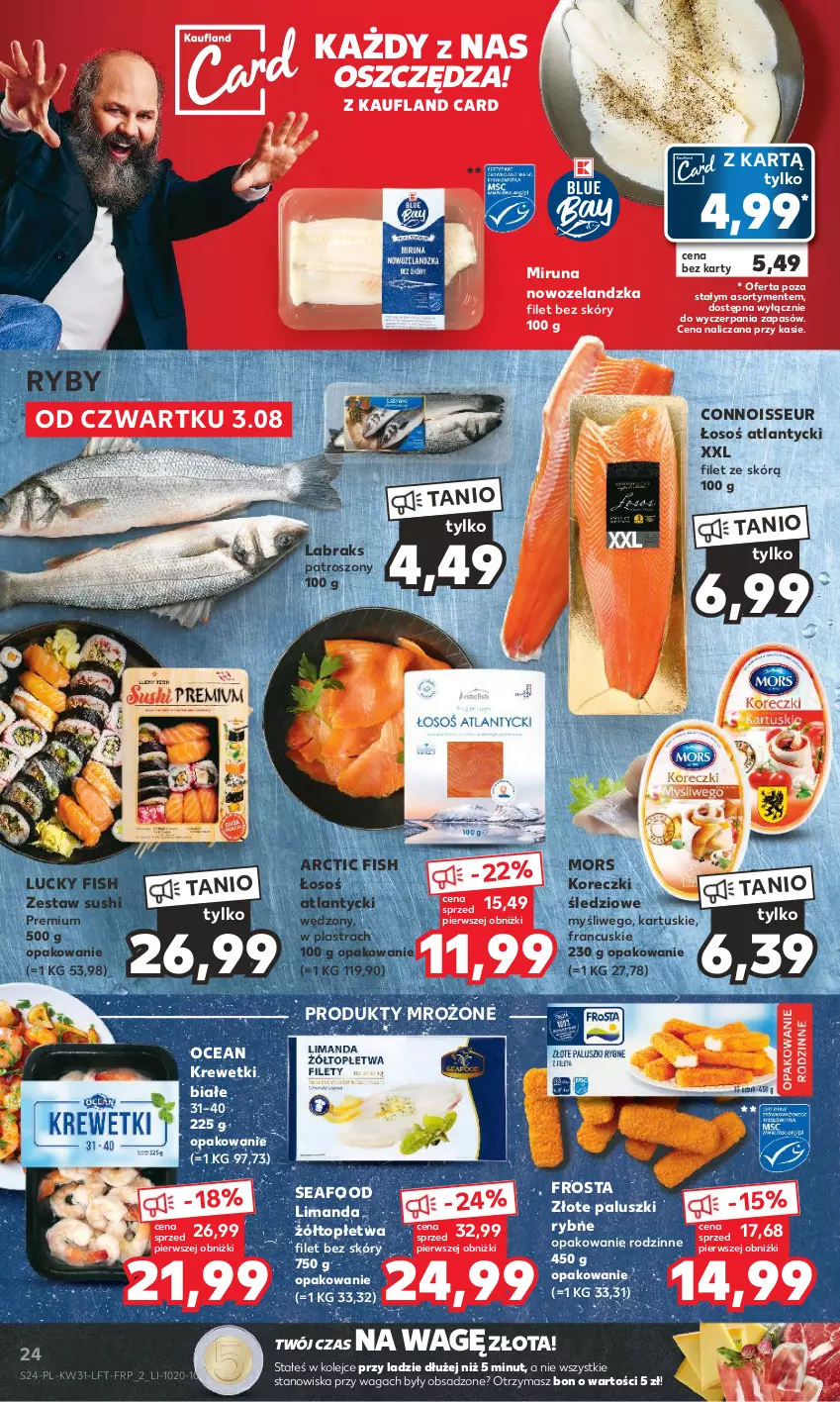 Gazetka promocyjna Kaufland - Gazetka tygodnia - ważna 03.08 do 09.08.2023 - strona 24 - produkty: Frosta, Koreczki śledziowe, Krewetki, Miruna, Olej, Paluszki rybne, Produkty mrożone, Sushi, Top, Waga