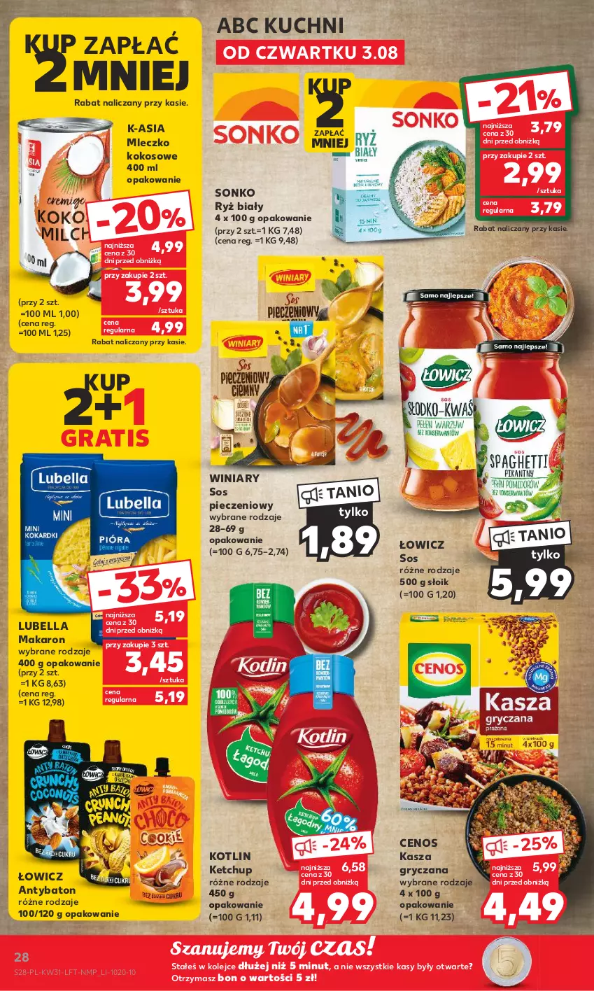 Gazetka promocyjna Kaufland - Gazetka tygodnia - ważna 03.08 do 09.08.2023 - strona 28 - produkty: Baton, Bell, Bella, Cenos, Gra, Gry, Kasza, Kasza gryczana, Ketchup, Kokos, Kotlin, Lubella, Makaron, Mleczko, Olej, Piec, Ryż, Ryż biały, Sonko, Sos, Sos pieczeniowy, Winiary