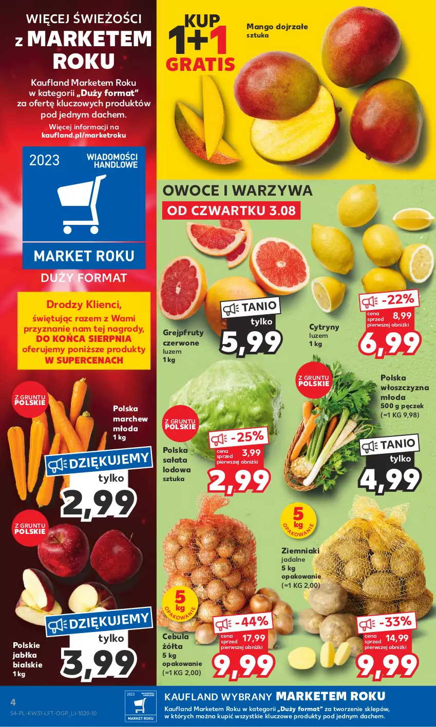 Gazetka promocyjna Kaufland - Gazetka tygodnia - ważna 03.08 do 09.08.2023 - strona 4 - produkty: Cebula, Cytryny, Gra, Grejpfrut, Grunt, Jabłka, Mango, Owoce, Sałat, Sałata lodowa, Warzywa, Ziemniaki