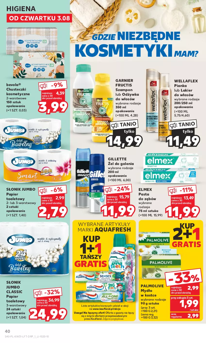 Gazetka promocyjna Kaufland - Gazetka tygodnia - ważna 03.08 do 09.08.2023 - strona 40 - produkty: Aquafresh, Chusteczki, Chusteczki kosmetyczne, Elmex, Fructis, Garnier, Gillette, Gra, Lakier, Lakier do włosów, Mydło, Odżywka, Palmolive, Papier, Papier toaletowy, Pasta do zębów, Szampon, Waga, Wella, Wellaflex