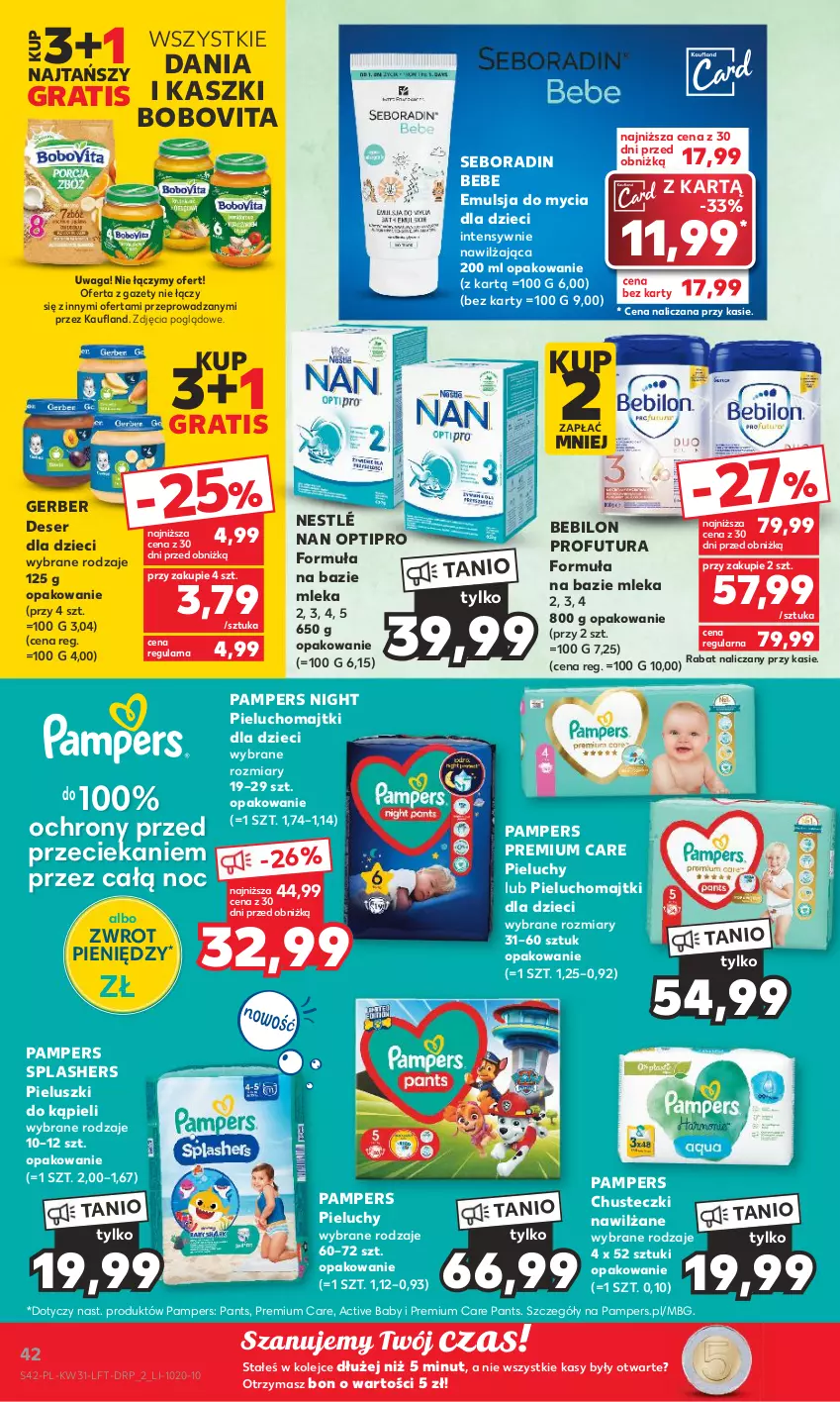 Gazetka promocyjna Kaufland - Gazetka tygodnia - ważna 03.08 do 09.08.2023 - strona 42 - produkty: BEBILON, BoboVita, Chusteczki, Deser, Dzieci, Emulsja, Emulsja do mycia, Gerber, Gra, Majtki, NAN Optipro, Nestlé, Olej, Pampers, Pieluchomajtki, Pieluchy, Seboradin, Ser, Waga