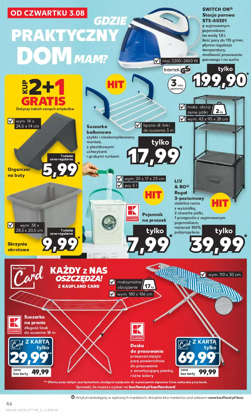 Gazetka promocyjna Kaufland - Gazetka tygodnia - ważna 03.08 do 09.08.2023 - strona 46 - produkty: Buty, Deska do prasowania, Dres, Gra, Kosz, Organizer, Pojemnik, Rama, Regał, Suszarka, Suszarka balkonowa, Suszarka na pranie