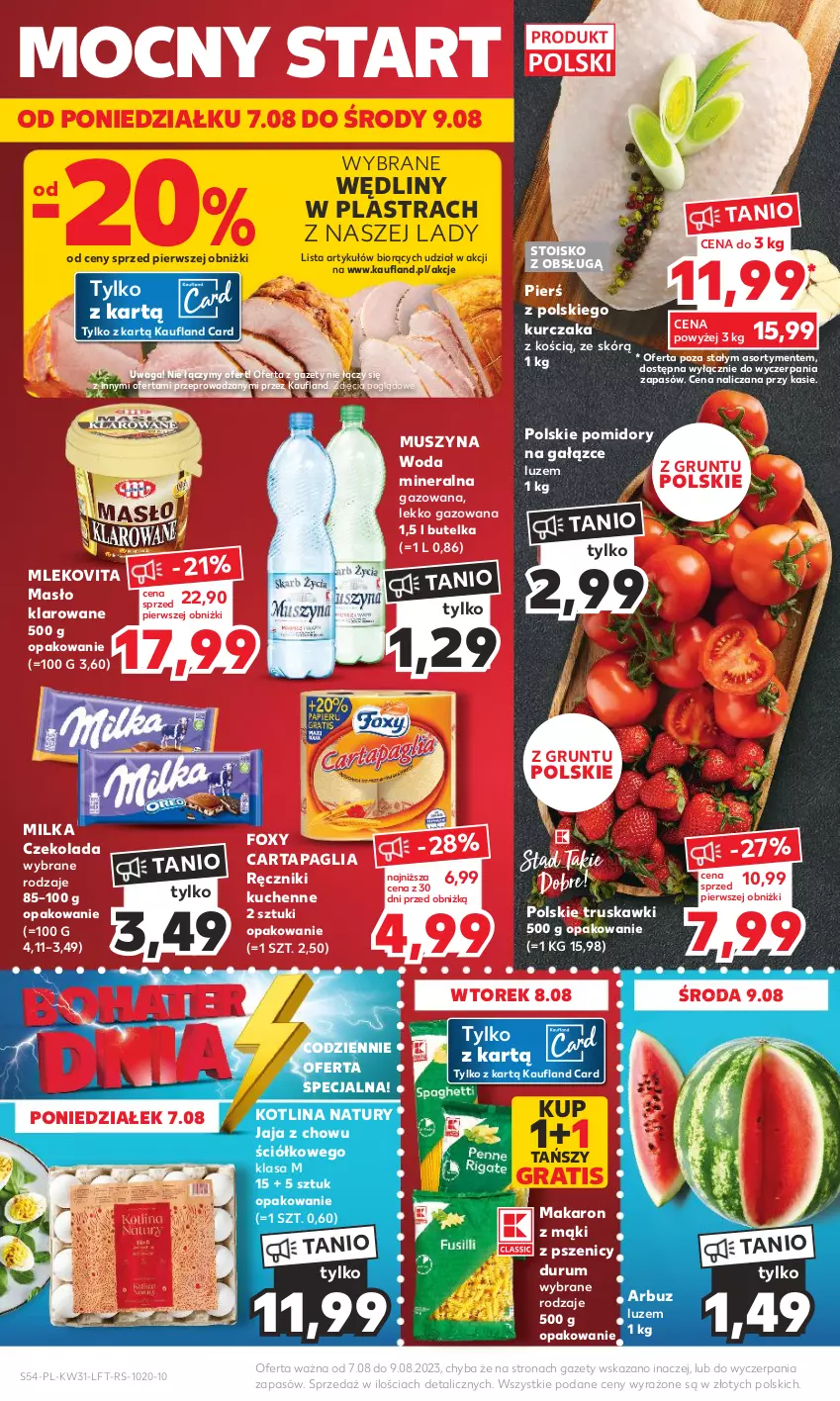 Gazetka promocyjna Kaufland - Gazetka tygodnia - ważna 03.08 do 09.08.2023 - strona 54 - produkty: Arbuz, Czekolada, Foxy, Gra, Grunt, Jaja, Kotlin, Kurczak, Makaron, Masło, Masło klarowane, Milka, Mleko, Mlekovita, Mus, Pomidory, Ręcznik, Rum, Szyna, Truskawki, Waga, Woda, Woda mineralna