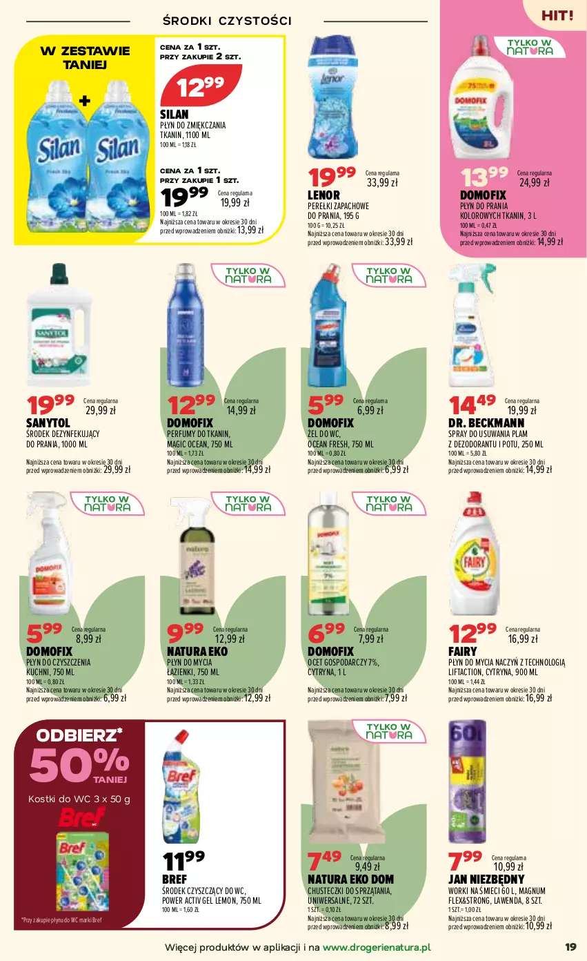 Gazetka promocyjna Drogerie Natura - Gazetka Drogerie Natura - ważna 21.07 do 05.08.2026 - strona 19 - produkty: Bref, Chusteczki, Dezodorant, Do mycia naczyń, Fa, Fairy, Jan Niezbędny, Lenor, Ocet, Perełki zapachowe, Perfum, Płyn do mycia, Płyn do mycia naczyń, Płyn do prania, Sanytol, Silan, Worki na śmiec, Worki na śmieci