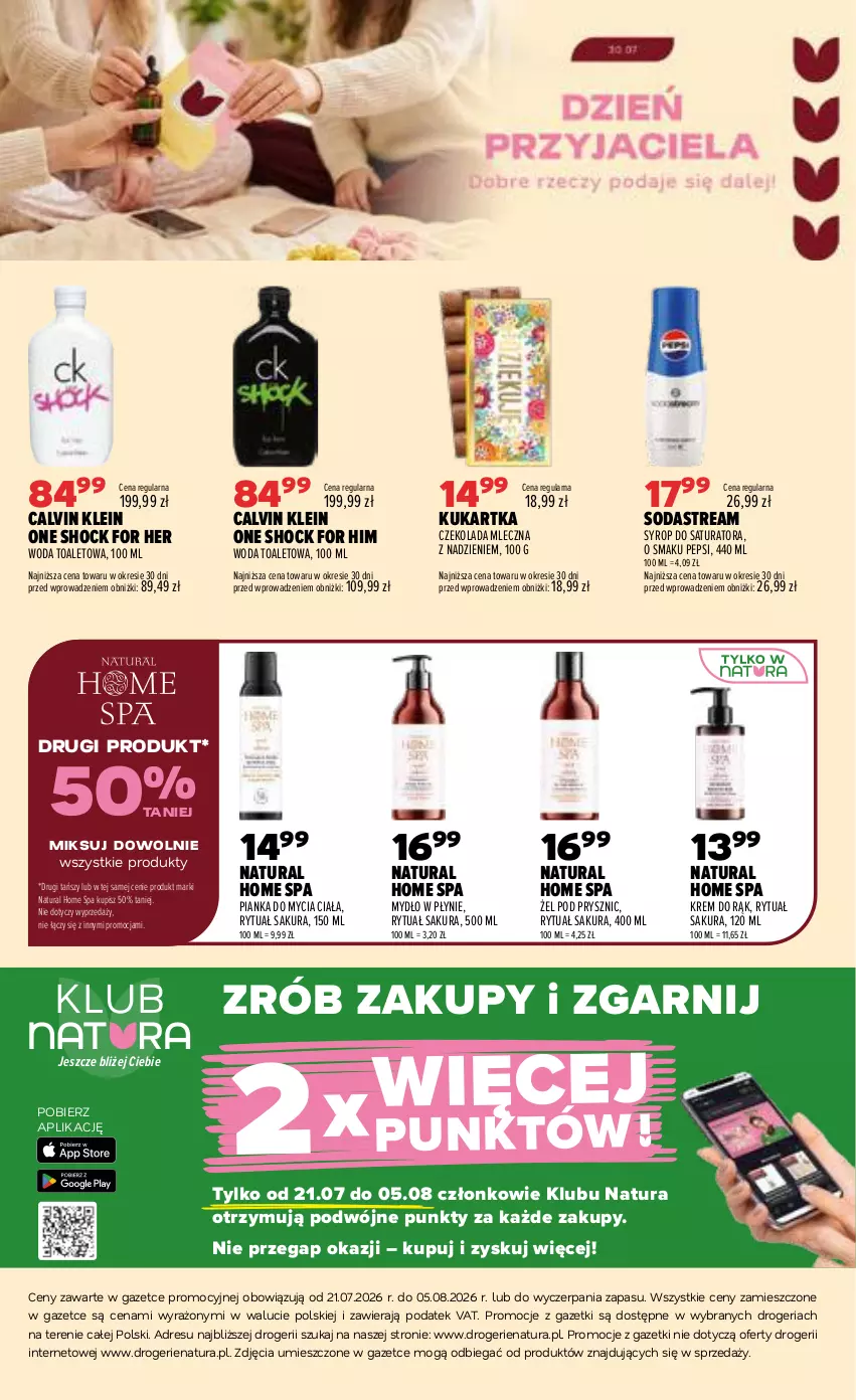 Gazetka promocyjna Drogerie Natura - Gazetka Drogerie Natura - ważna 21.07 do 05.08.2026 - strona 20 - produkty: Calvin Klein, Czekolada, Czekolada mleczna, Dres, JBL, Krem do rąk, Mydło, Mydło w płynie, Pepsi, Syrop, Woda, Woda toaletowa