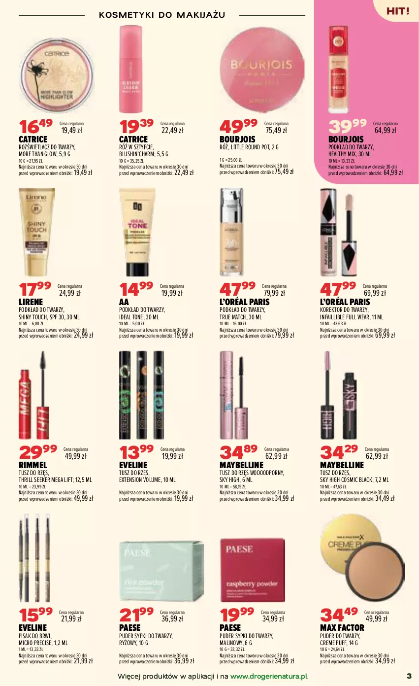 Gazetka promocyjna Drogerie Natura - Gazetka Drogerie Natura - ważna 21.07 do 05.08.2026 - strona 3 - produkty: Bell, Bourjois, Catrice, Eveline, Fa, Korektor do twarzy, L’Oréal, Lack, Lirene, Makijaż, Max Factor, Maybelline, PAESE, Podkład, Podkład do twarzy, Por, Puder, Puder do twarzy, Puf, Rozświetlacz, Ryż, Tusz