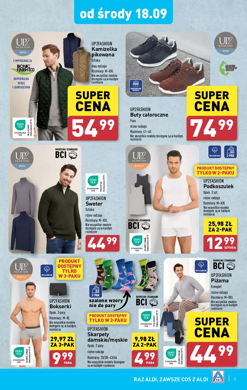 Gazetka promocyjna Aldi - Artykuły przemysłowe i tekstylia - ważna 16.09 do 21.09.2024 - strona 3 - produkty: Bokserki, Buty, Fa, Kamizelka, Karp, Kosz, Piżama, Podkoszulek, Por, Ser, Sweter, Szal, Wełna