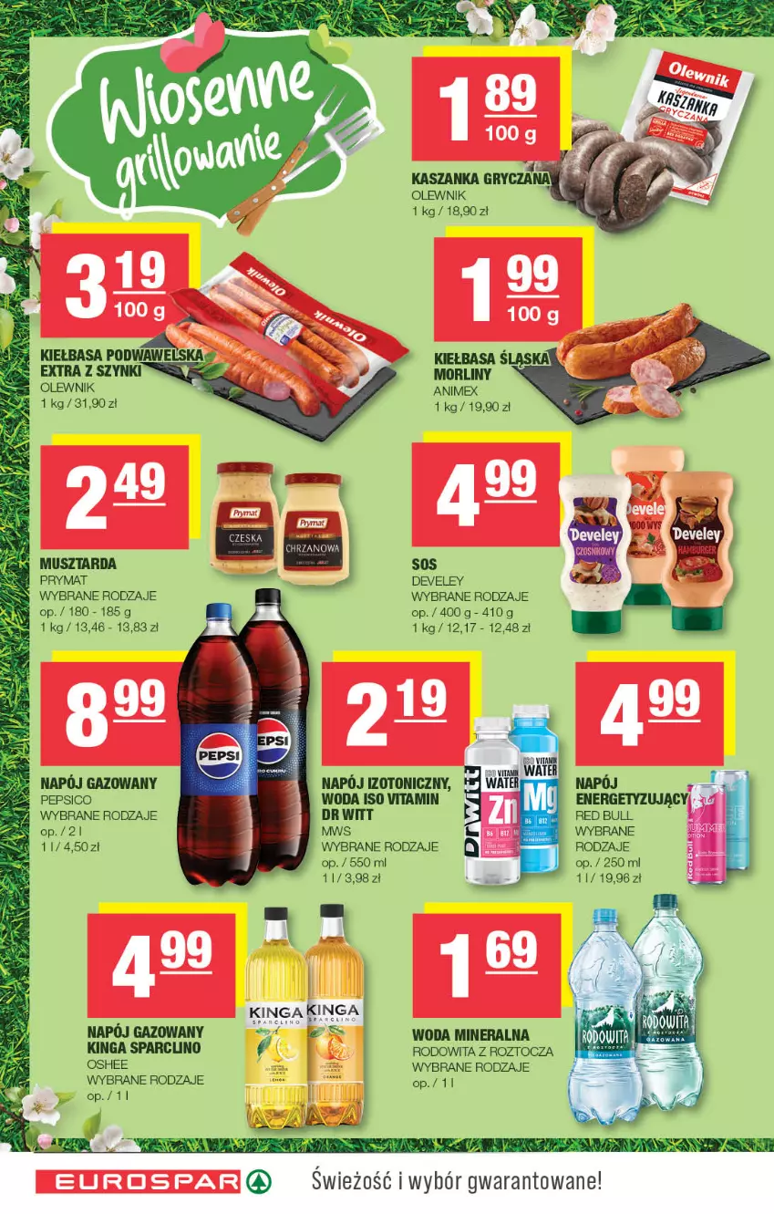 Gazetka promocyjna Spar - EuroSpar - ważna 18.05 do 28.05.2025 - strona 10 - produkty: Clin, Gry, Kasza, Kaszanka, Kiełbasa, Kiełbasa śląska, Morliny, Mus, Musztarda, Napój, Napój gazowany, Olewnik, Oshee, Pepsi, Prymat, Red Bull, Woda, Woda mineralna