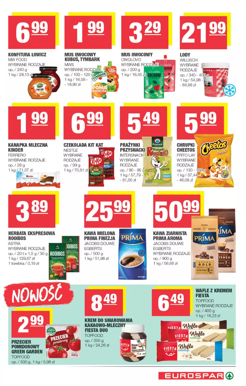 Gazetka promocyjna Spar - EuroSpar - ważna 18.05 do 28.05.2025 - strona 13 - produkty: Cheetos, Chrupki, Czekolada, Ferrero, Herbata, Jacobs, Kakao, Kawa, Kawa mielona, Kawa ziarnista, Kinder, Kit Kat, Konfitura, Kubuś, Lody, Miecz, Mus, Prima, Przysnacki, Top, Torebka, Tymbark, Wafle