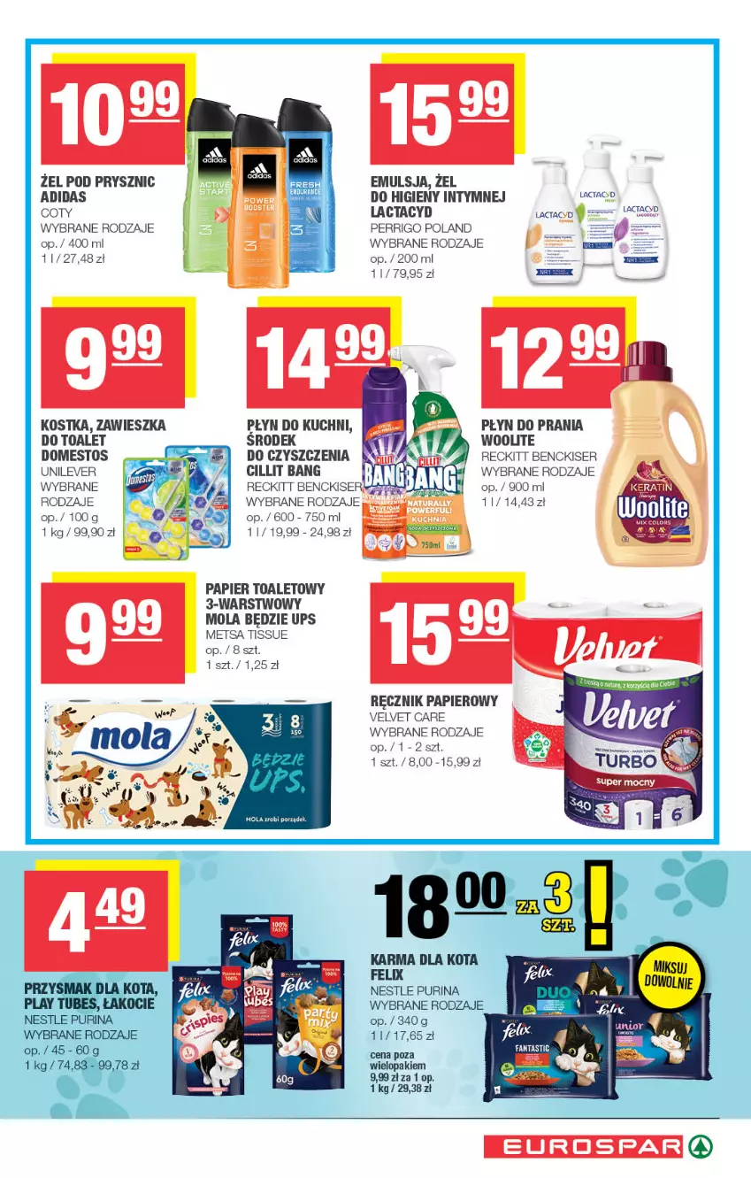 Gazetka promocyjna Spar - EuroSpar - ważna 18.05 do 28.05.2025 - strona 15 - produkty: Adidas, Cillit Bang, Domestos, Emulsja, Koc, Lactacyd, Mola, Papier, Papier toaletowy, Płyn do prania, Przysmak dla kota, Pur, Purina, Ręcznik, Ser, Velvet, Woolite