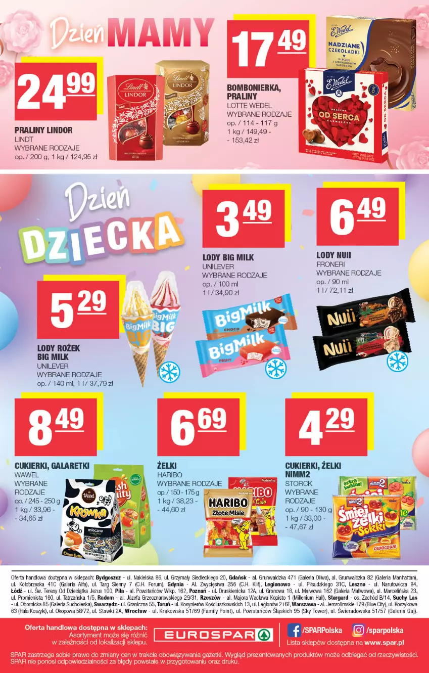 Gazetka promocyjna Spar - EuroSpar - ważna 18.05 do 28.05.2025 - strona 16 - produkty: Big Milk, Cukier, Cukierki, Dzieci, Fa, Gala, Galaretki, Gra, Haribo, Kosz, Lindor, Lindt, Lody, Praliny, Rum, Wawel