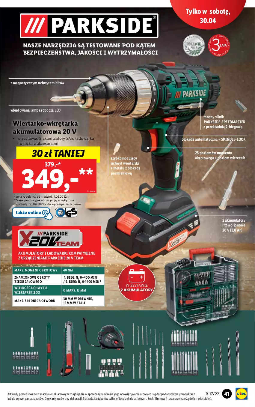 Gazetka promocyjna Lidl - GAZETKA - ważna 25.04 do 30.04.2022 - strona 43 - produkty: Akumulator, Lampa, Lampa robocza LED, Parkside, Piec, Tarka, Walizka, Warka, Wkręt, Wkrętarka