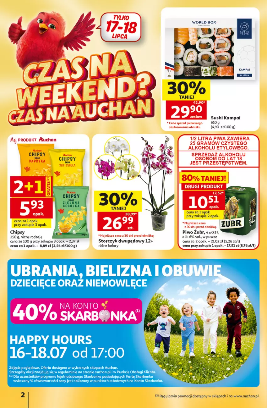 Gazetka promocyjna Auchan - Gazetka 30 Lat Hipermarket Auchan - ważna 16.07 do 22.07.2026 - strona 2 - produkty: Bielizna, Cebula, Chipsy, Dzieci, Gra, Papryka, Piwa, Piwo, Ser, Storczyk, Sushi, Ubrania