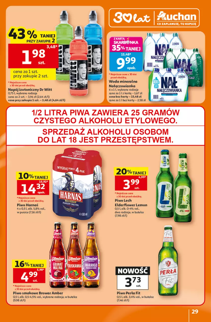Gazetka promocyjna Auchan - Gazetka 30 Lat Hipermarket Auchan - ważna 16.07 do 22.07.2026 - strona 29 - produkty: Harnaś, Nałęczowianka, Napój, Napój izotoniczny, Perła, Piwo, Woda, Woda mineralna