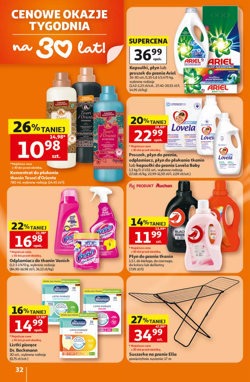 Gazetka promocyjna Auchan - Gazetka 30 Lat Hipermarket Auchan - ważna 16.07 do 22.07.2026 - strona 32 - produkty: Ariel, Fa, Kapsułki do prania, Lovela, Odplamiacz, Płyn do płukania, Płyn do prania, Proszek do prania, Suszarka, Suszarka na pranie