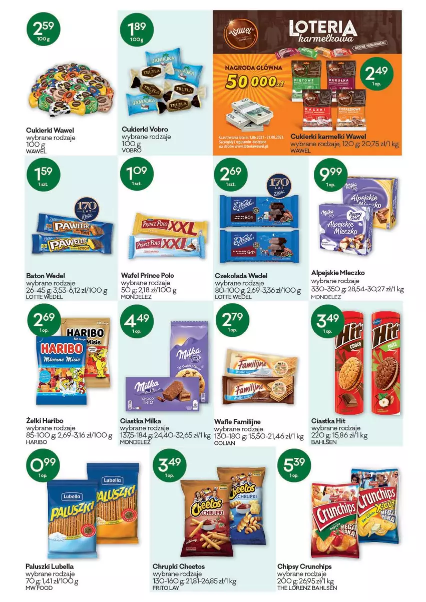 Gazetka promocyjna Groszek - Gazetka - ważna 17.06 do 29.06.2021 - strona 9 - produkty: Baton, Bell, Bella, Cheetos, Chipsy, Chrupki, Ciastka, Crunchips, Cukier, Cukierki, Czekolada, Fa, Haribo, Lorenz, Lubella, Milka, Mleczko, Prince Polo, Wafle, Wawel