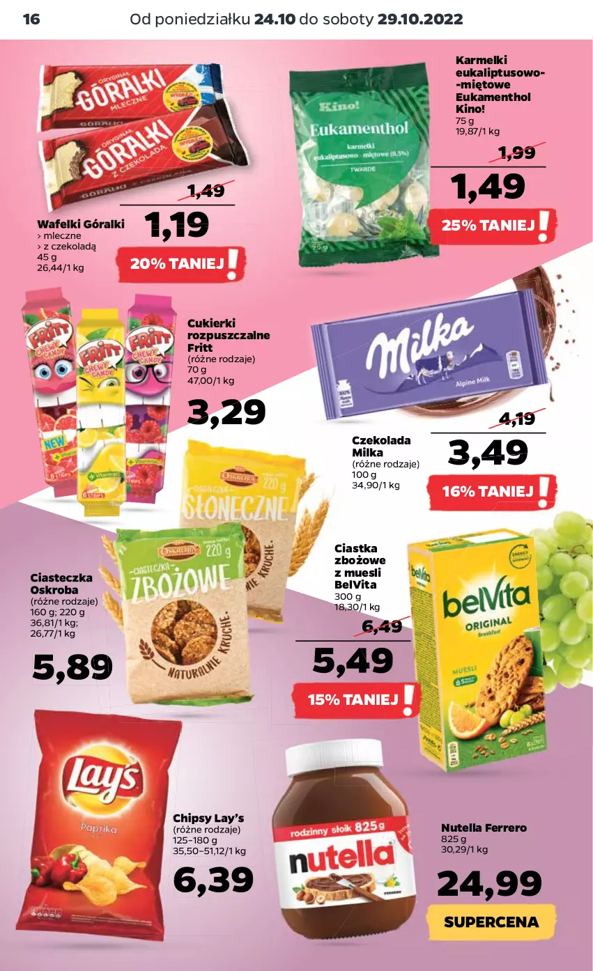 Gazetka promocyjna Netto - Artykuły spożywcze - ważna 24.10 do 29.10.2022 - strona 16 - produkty: BelVita, Chipsy, Ciastka, Cukier, Cukierki, Czekolada, Ferrero, Góralki, Lay’s, Milka, Nutella, Vita C