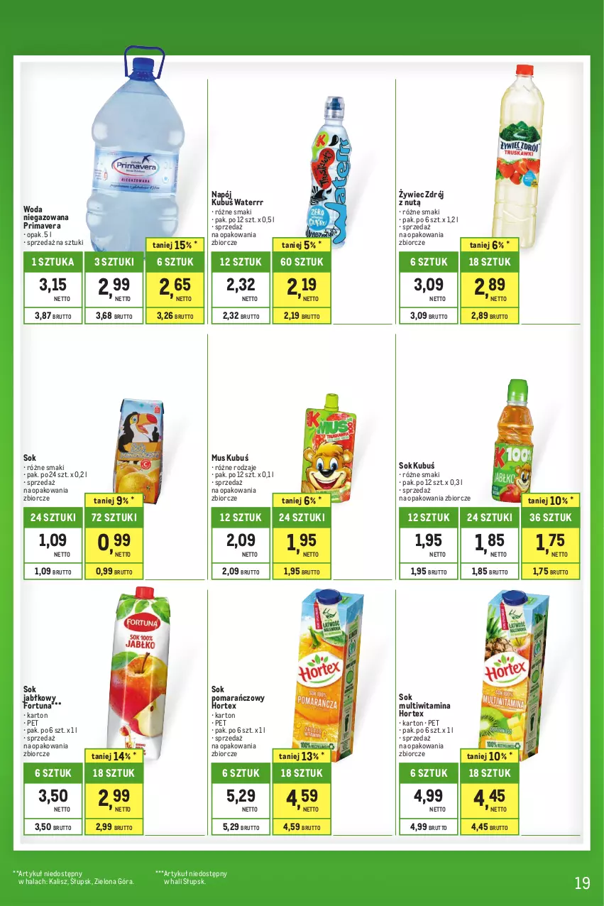 Gazetka promocyjna Makro - Kupujesz więcej płacisz mniej - oferta z alkoholem - ważna 01.06 do 30.06.2023 - strona 19 - produkty: Fortuna, Hortex, Kubuś, Kubuś Waterrr, Mus, Napój, Prima, Primavera, Sok, Sok jabłkowy, Sok pomarańczowy, Woda, Woda niegazowana