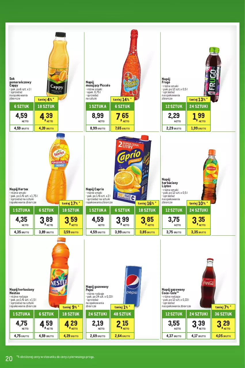 Gazetka promocyjna Makro - Kupujesz więcej płacisz mniej - oferta z alkoholem - ważna 01.06 do 30.06.2023 - strona 20 - produkty: Cappy, Coca-Cola, Hortex, Lipton, Mus, Napój, Napój gazowany, Napój musujący, Nestea, Pepsi, Sok, Sok pomarańczowy