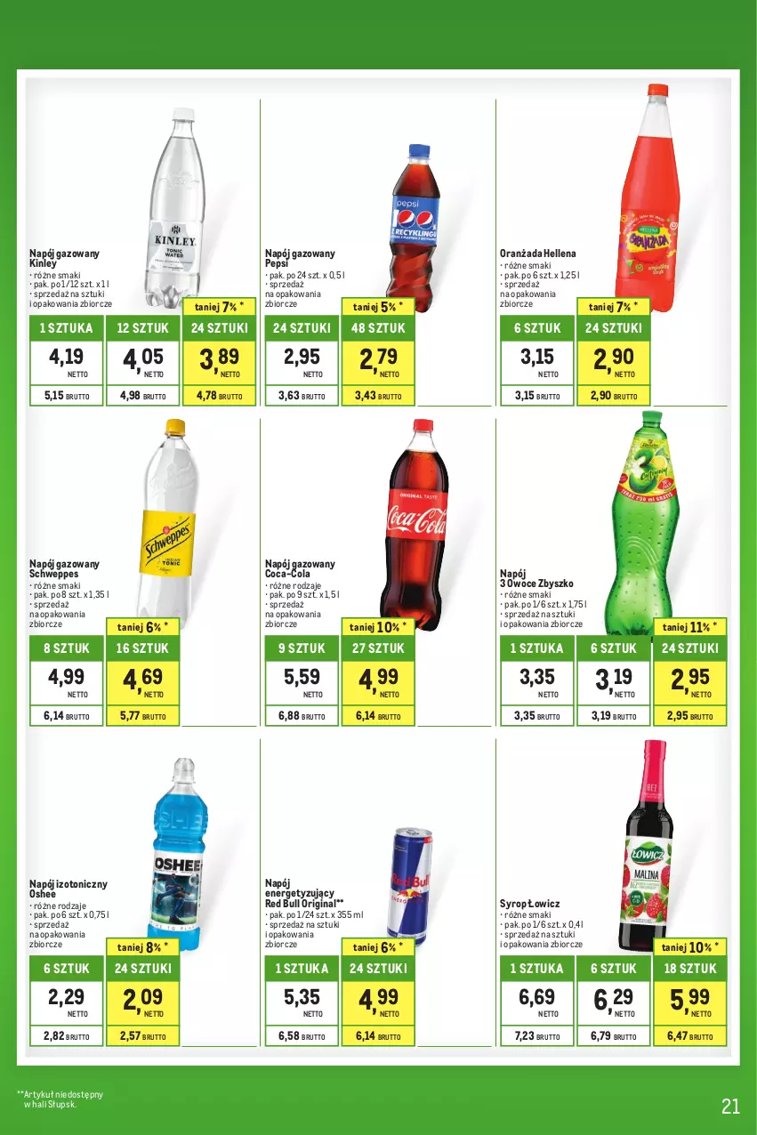 Gazetka promocyjna Makro - Kupujesz więcej płacisz mniej - oferta z alkoholem - ważna 01.06 do 30.06.2023 - strona 21 - produkty: Coca-Cola, Gin, Hellena, Napój, Napój gazowany, Napój izotoniczny, Oranżada, Oshee, Owoce, Pepsi, Red Bull, Schweppes, Syrop