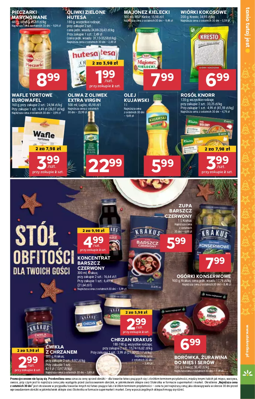 Gazetka promocyjna Stokrotka - Market - ważna 19.12 do 27.12.2024 - strona 23 - produkty: Borówka, Chrzan, Gin, Knorr, Kokos, Krakus, Kujawski, Majonez, Mięso, Ogórki konserwowe, Olej, Oliwa z oliwek, Oliwki, Oliwki zielone, Owoce, Piec, Rosół, Ser, Wafle, Wafle tortowe, Warzywa, Wiórki kokosowe, Zupa