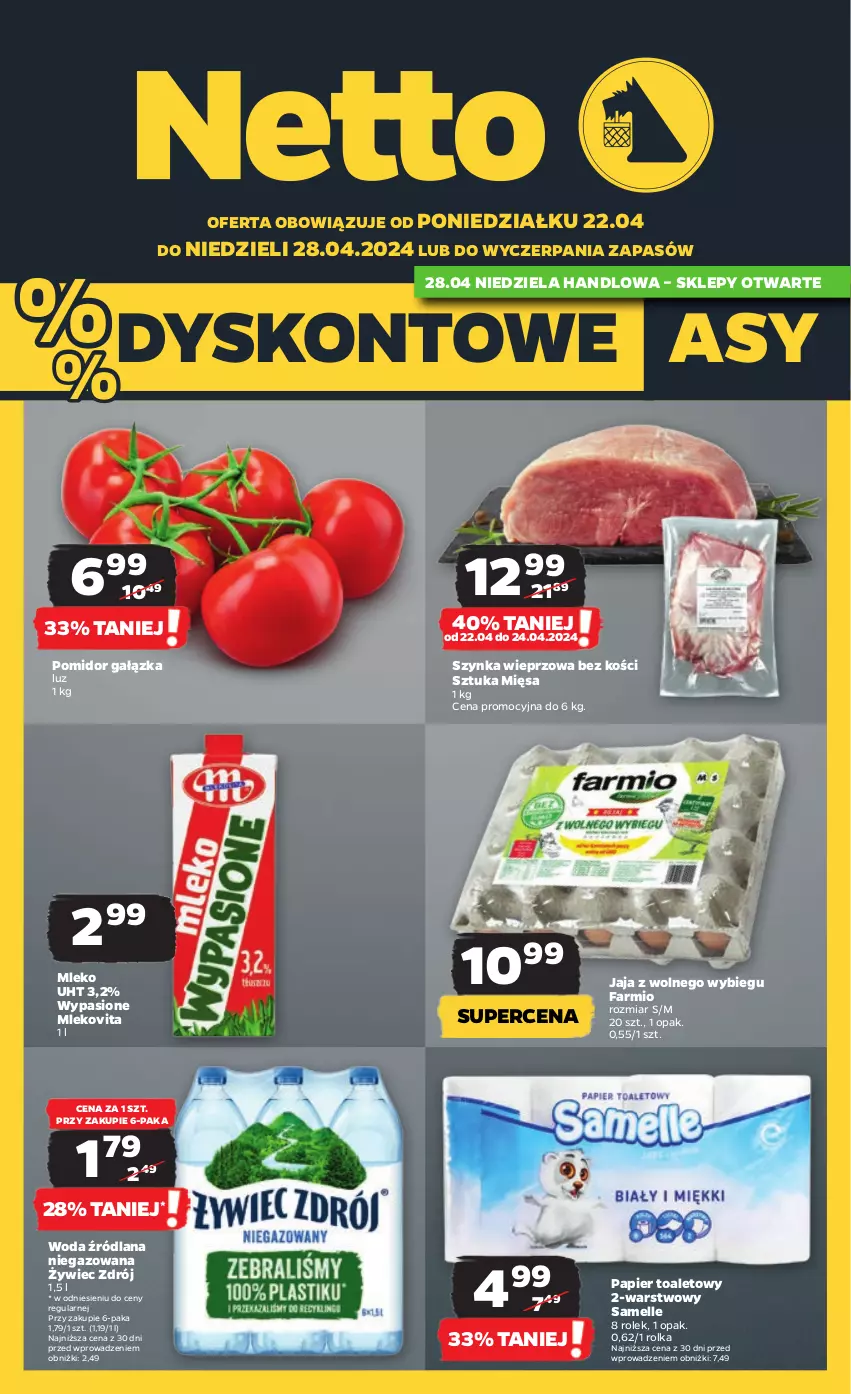 Gazetka promocyjna Netto - Artykuły spożywcze - ważna 22.04 do 28.04.2024 - strona 1 - produkty: Fa, Jaja, Jaja z wolnego wybiegu, LANA, Mleko, Mlekovita, Papier, Papier toaletowy, Szynka, Szynka wieprzowa, Woda