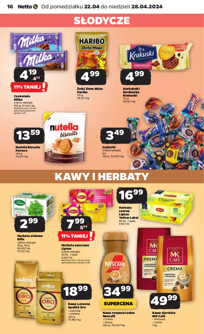 Gazetka promocyjna Netto - Artykuły spożywcze - ważna 22.04 do 28.04.2024 - strona 16 - produkty: Cukier, Cukierki, Czekolada, Ferrero, Haribo, Herbata, Herbata czarna, Herbata owocowa, Herbatniki, Kawa, Kawa rozpuszczalna, Kawa ziarnista, Krakus, Krakuski, Lavazza, Lipton, Milka, Nescafé, Nutella, Ser