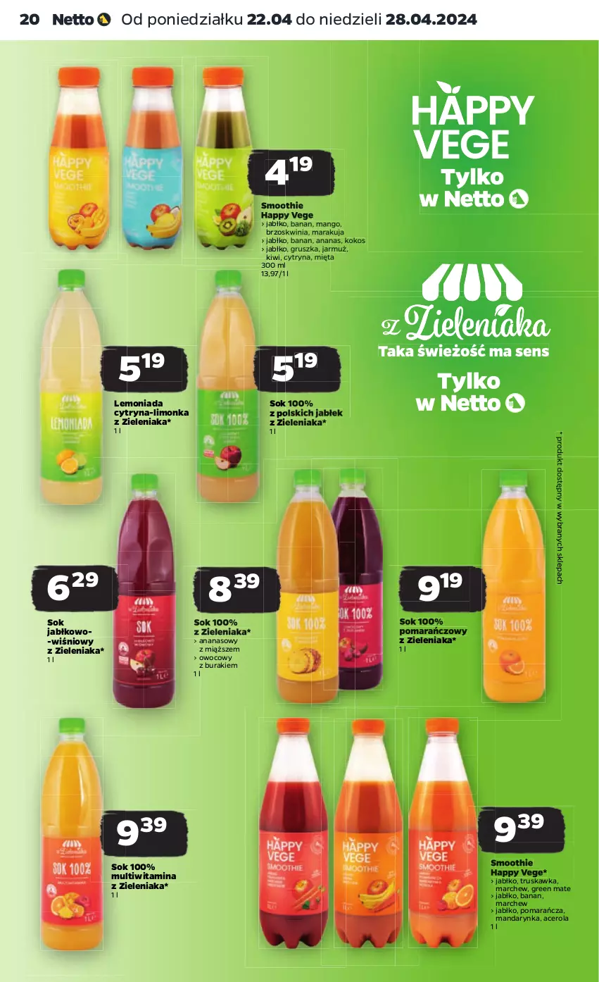 Gazetka promocyjna Netto - Artykuły spożywcze - ważna 22.04 do 28.04.2024 - strona 20 - produkty: Acer, Ananas, Buraki, Jarmuż, Kiwi, Kokos, Lemoniada, Limonka, Mango, Mięta, Smoothie, Sok