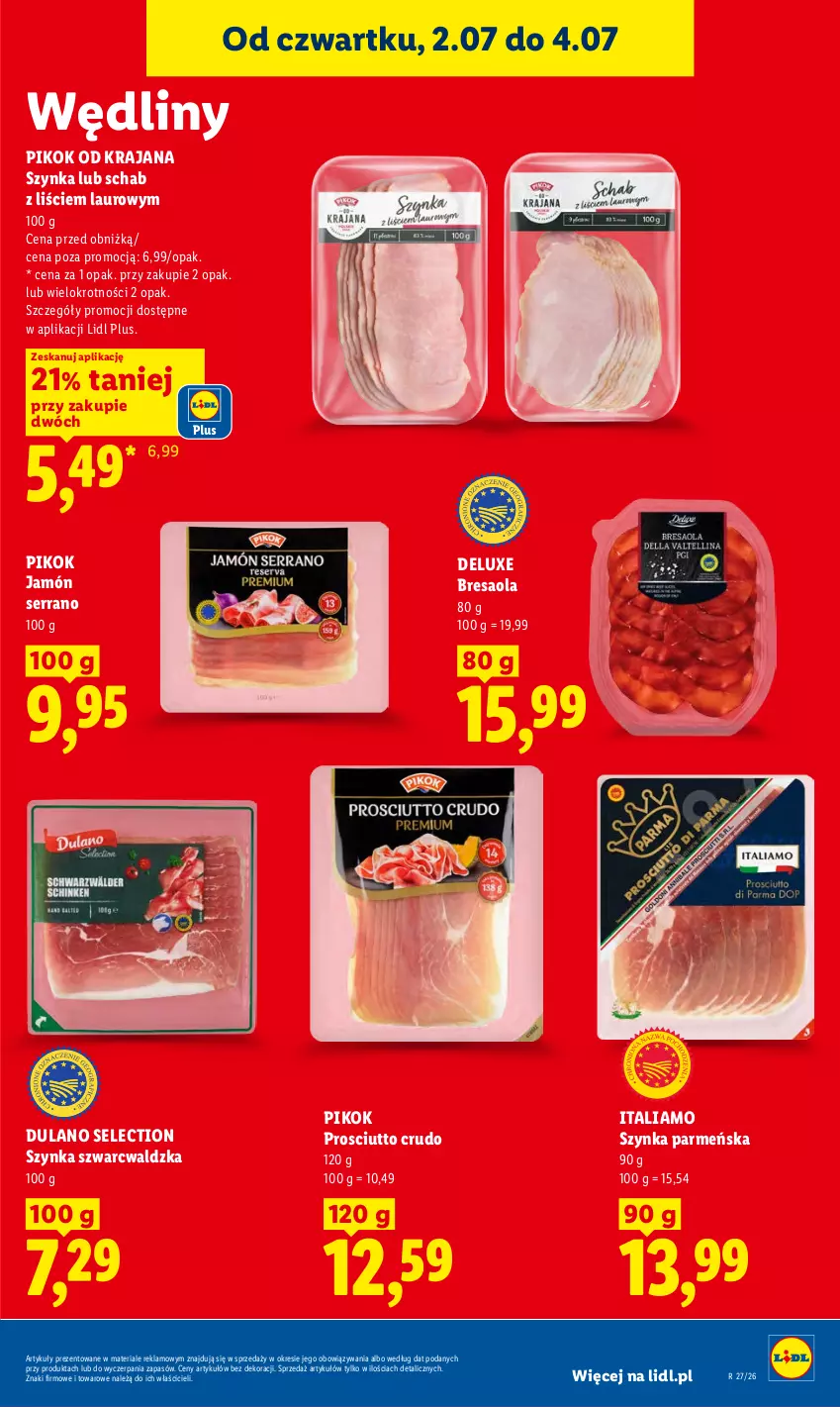 Gazetka promocyjna Lidl - Gazetka ważna od 2.07 do 4.07 - ważna 02.07 do 04.07.2026 - strona 51 - produkty: Bresaola, Dulano, Jamón serrano, Laur, PIKOK, Prosciutto, Ser, Szynka