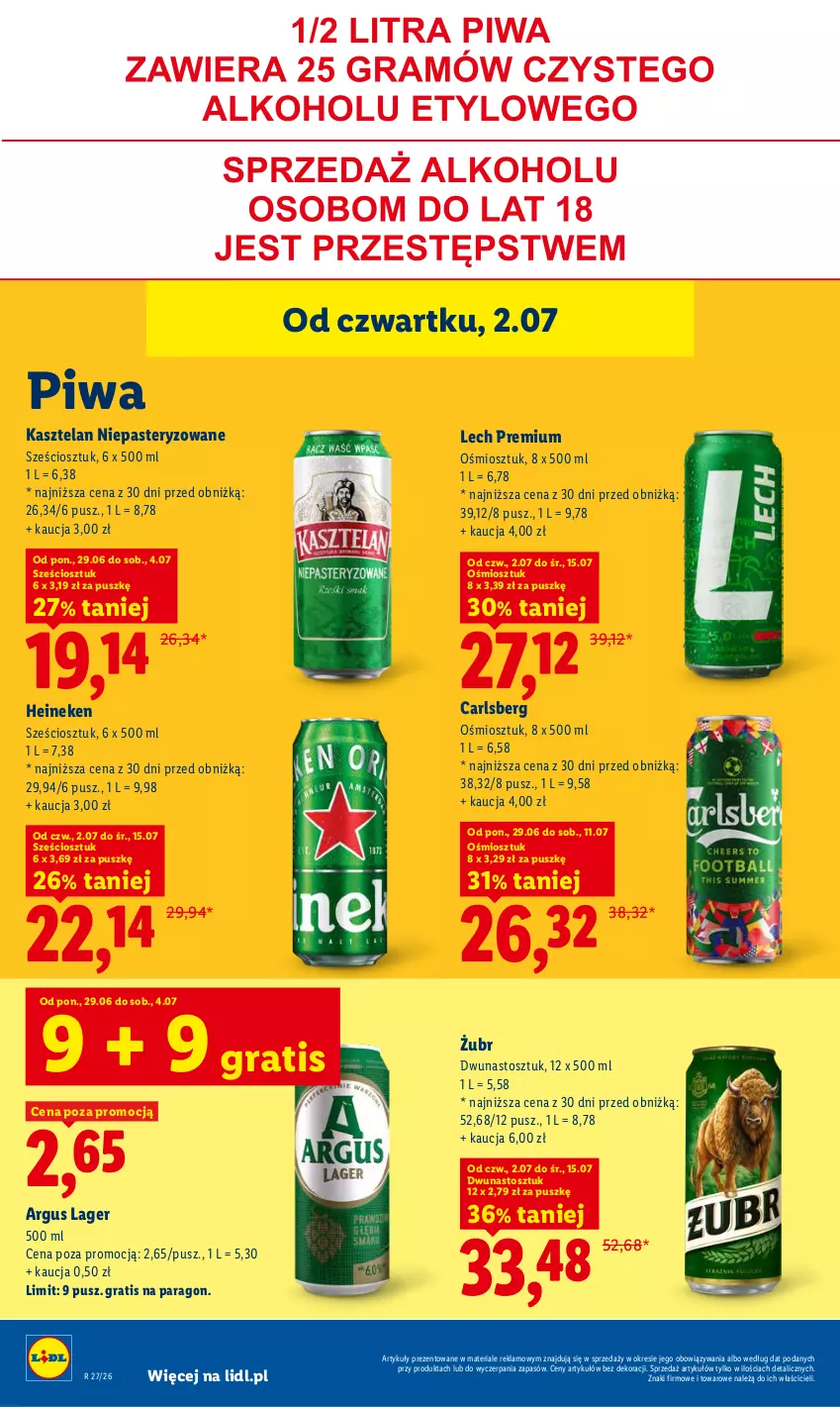 Gazetka promocyjna Lidl - Gazetka ważna od 2.07 do 4.07 - ważna 02.07 do 04.07.2026 - strona 64 - produkty: Carlsberg, Gra, Heineken, Kasztelan, Lech Premium, Piwa