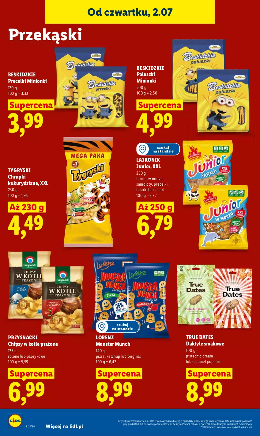 Gazetka promocyjna Lidl - Gazetka ważna od 2.07 do 4.07 - ważna 02.07 do 04.07.2026 - strona 68 - produkty: Amol, Beskidzki, Beskidzkie paluszki, Chipsy, Chrupki, Daktyle, Fa, Gin, Gry, Ketchup, Lajkonik, Lorenz, Monster Munch, Pizza, Popcorn, Precelki, Przysnacki, Samolot